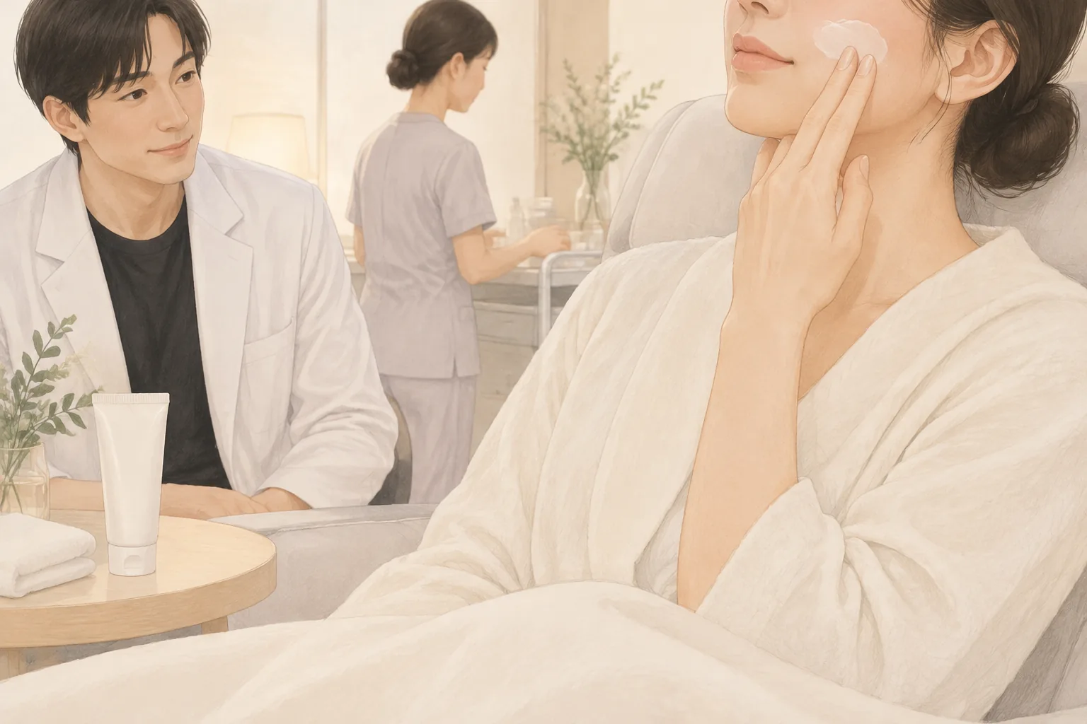 امرأة تضع مرطبًا على وجهها بأطراف أصابعها وطبيب يراقبها وممرضتان في الخلفية