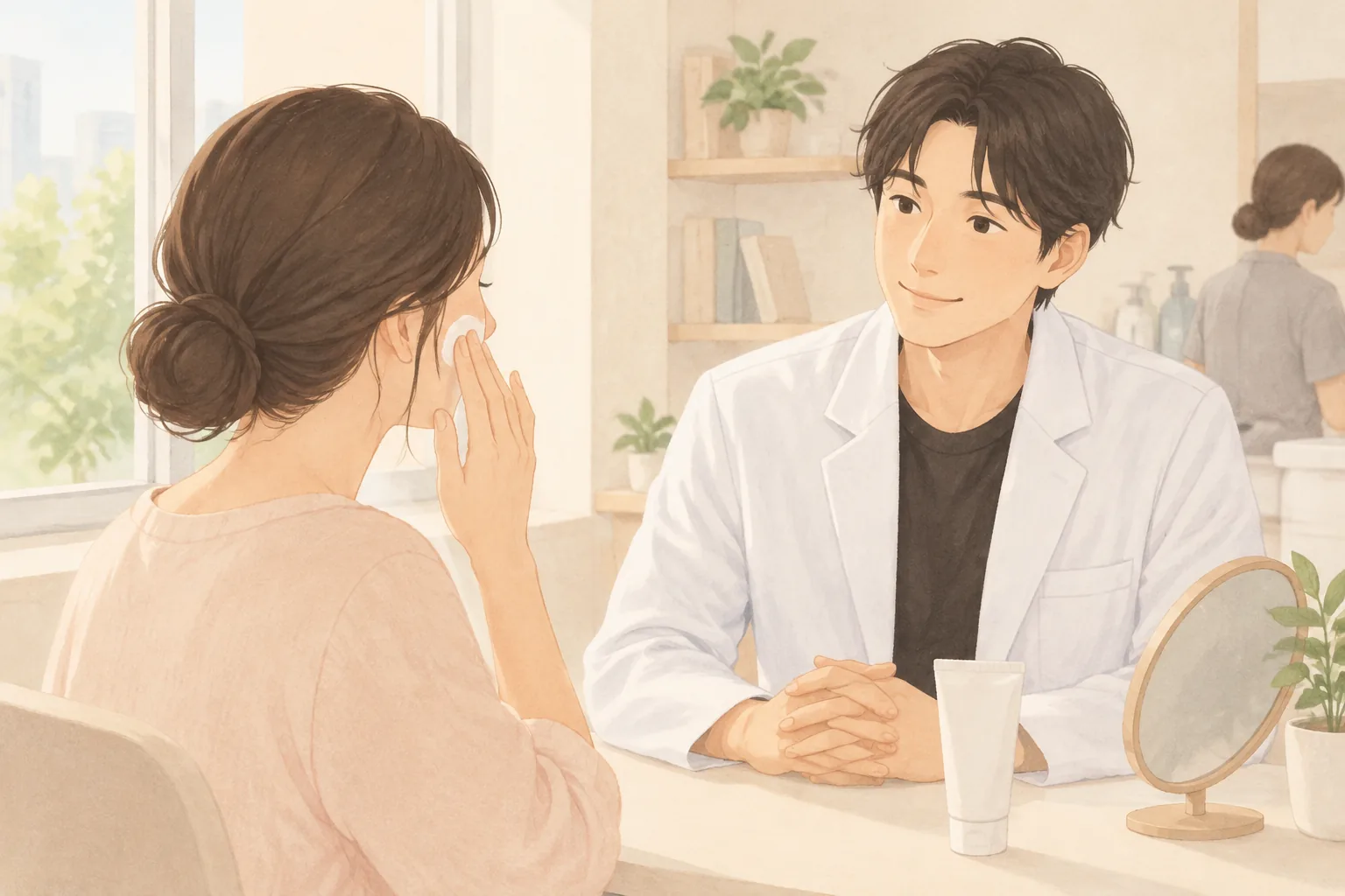 창가에서 여자 환자가 볼에 자외선 차단제를 바르고 남자 의사가 상담하는 장면
