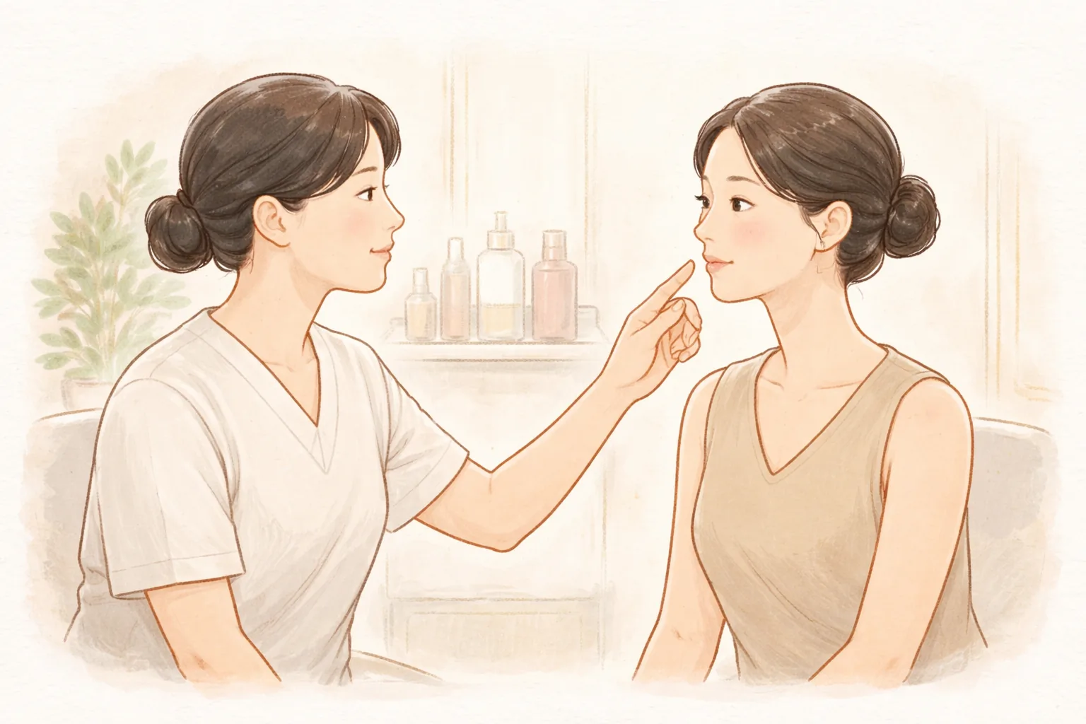 一名医护人员指着女性患者脸颊说明