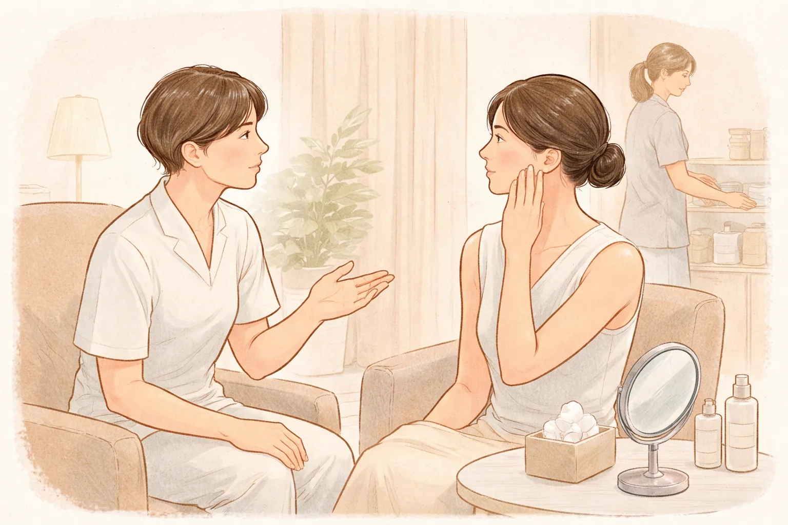 회복실에서 팔을 올려 볼을 만지며 이야기하는 여성과 의료진 두 명