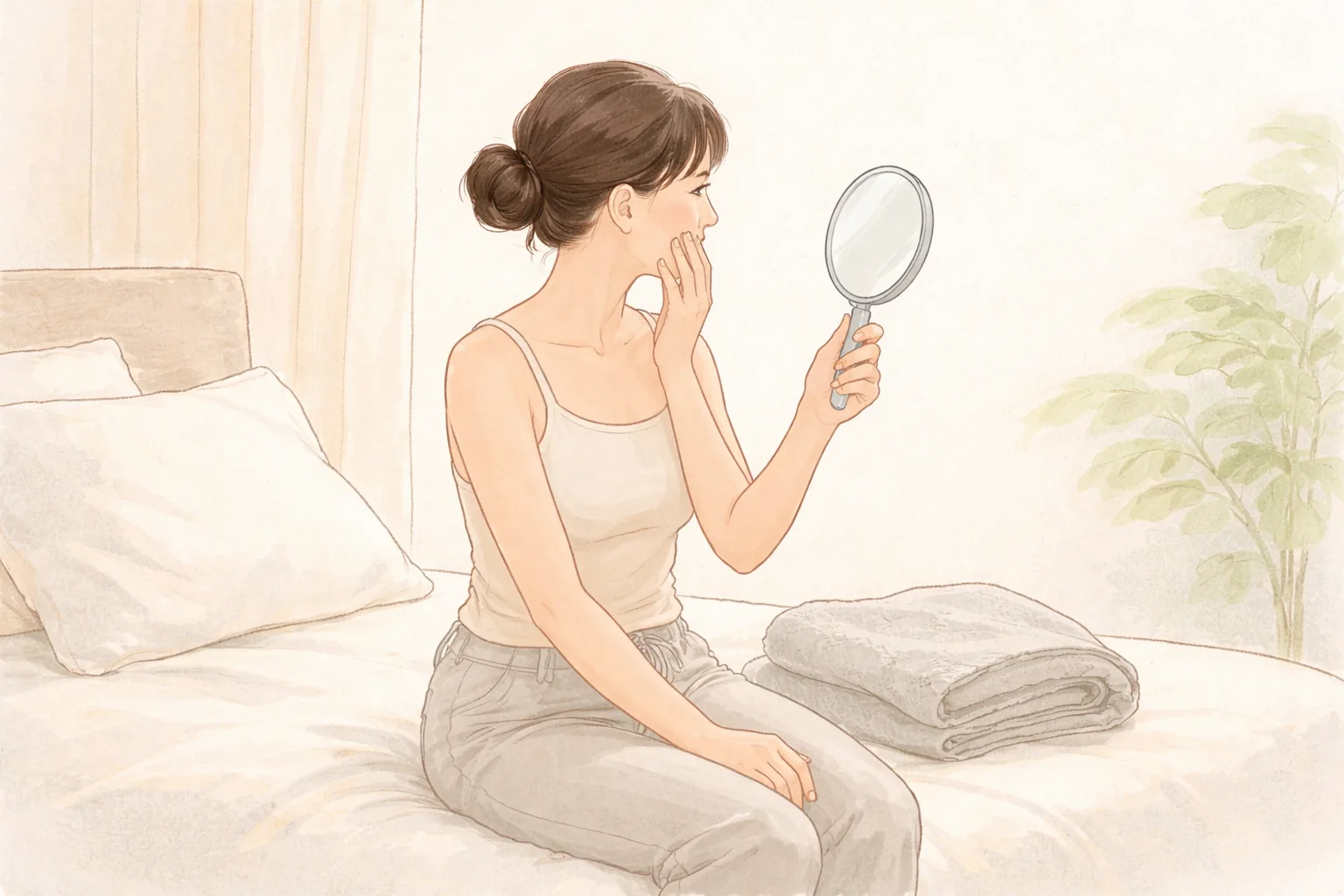 女子坐在床上用小手鏡查看臉頰