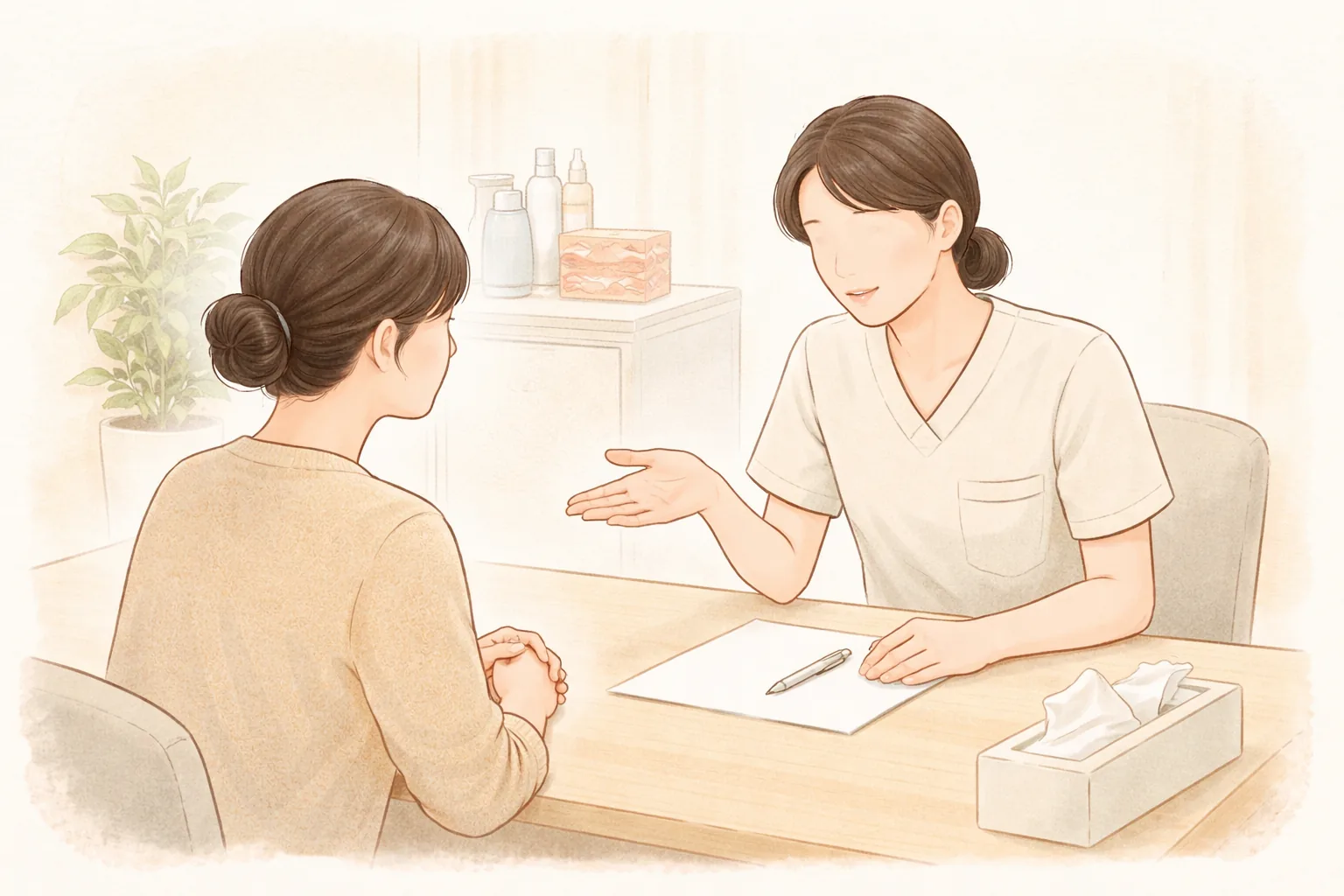 カウンセリングテーブルで医療スタッフが手ぶりで説明し女性が座って聞いている様子