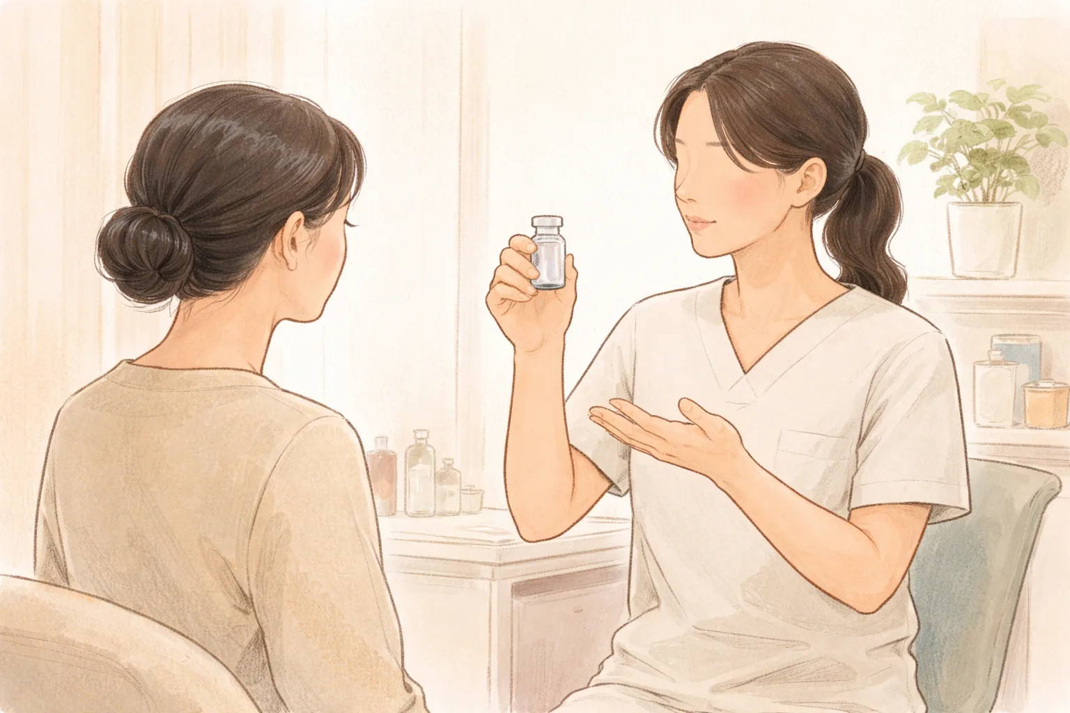 医療スタッフが小さなガラス瓶を持ち女性に説明し、女性が聞いている様子