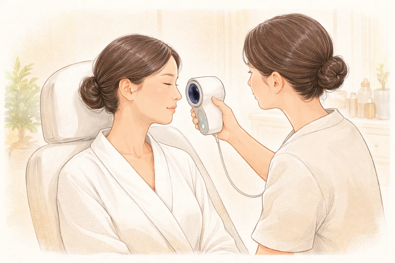 Clinician holding a skin analysis device near a seated patient's face