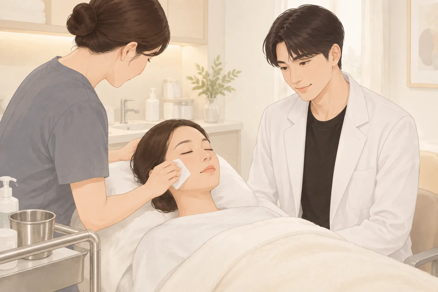 患者の頬にガーゼを当てるスタッフとそれを見守る医師