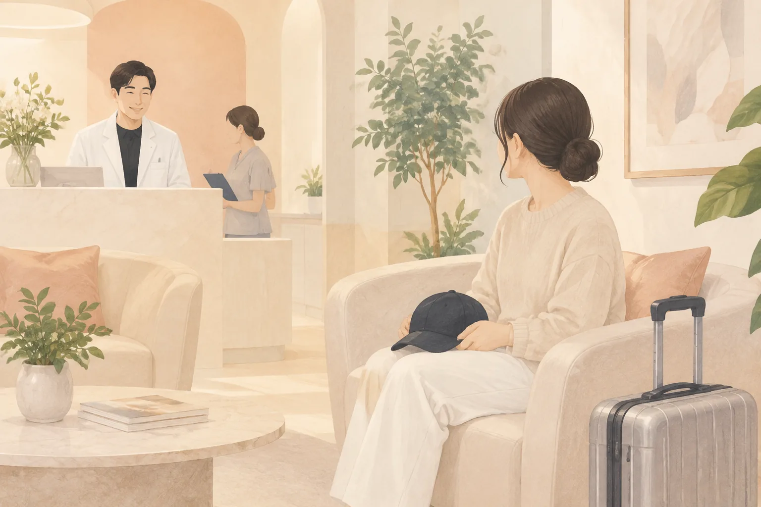 의자에 앉아 모자를 든 여성과 캐리어, 뒤편에 서 있는 남성과 여성