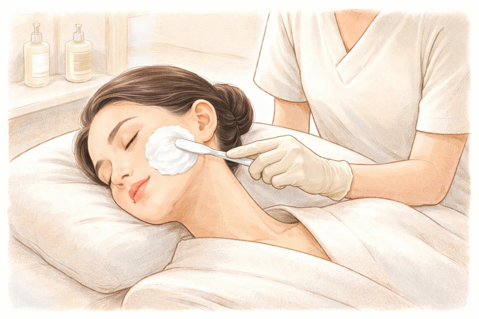 横たわる女性の顔に手袋をした手がクリームを伸ばして塗る
