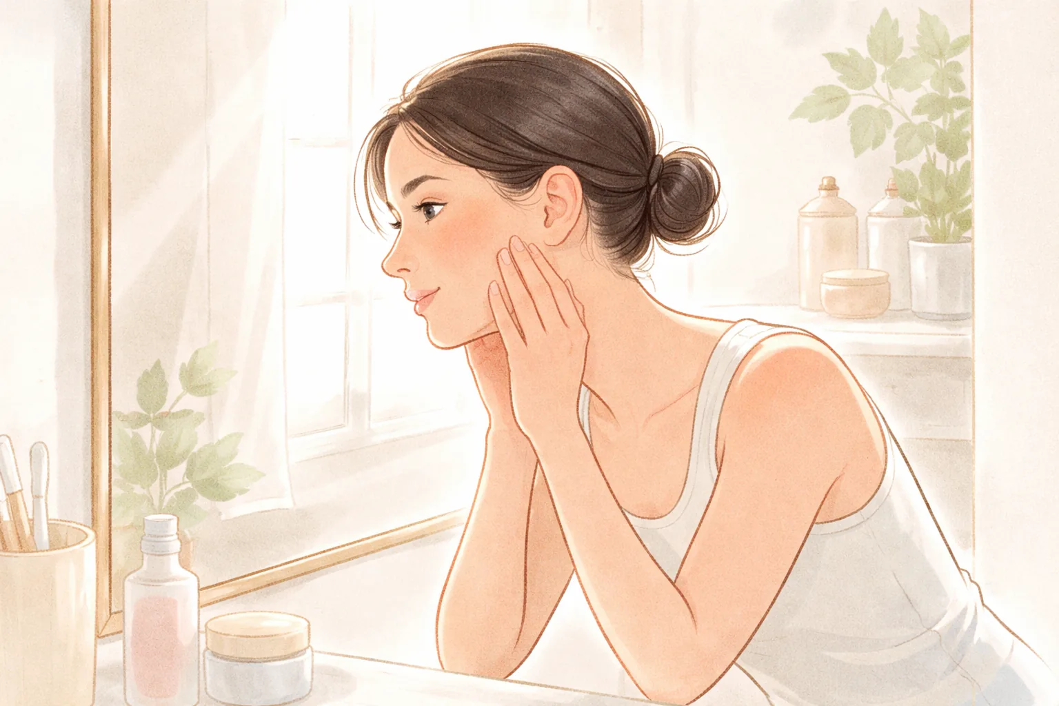 거울 앞에서 볼을 기울여 살펴보는 흰 민소매 옷을 입은 여성