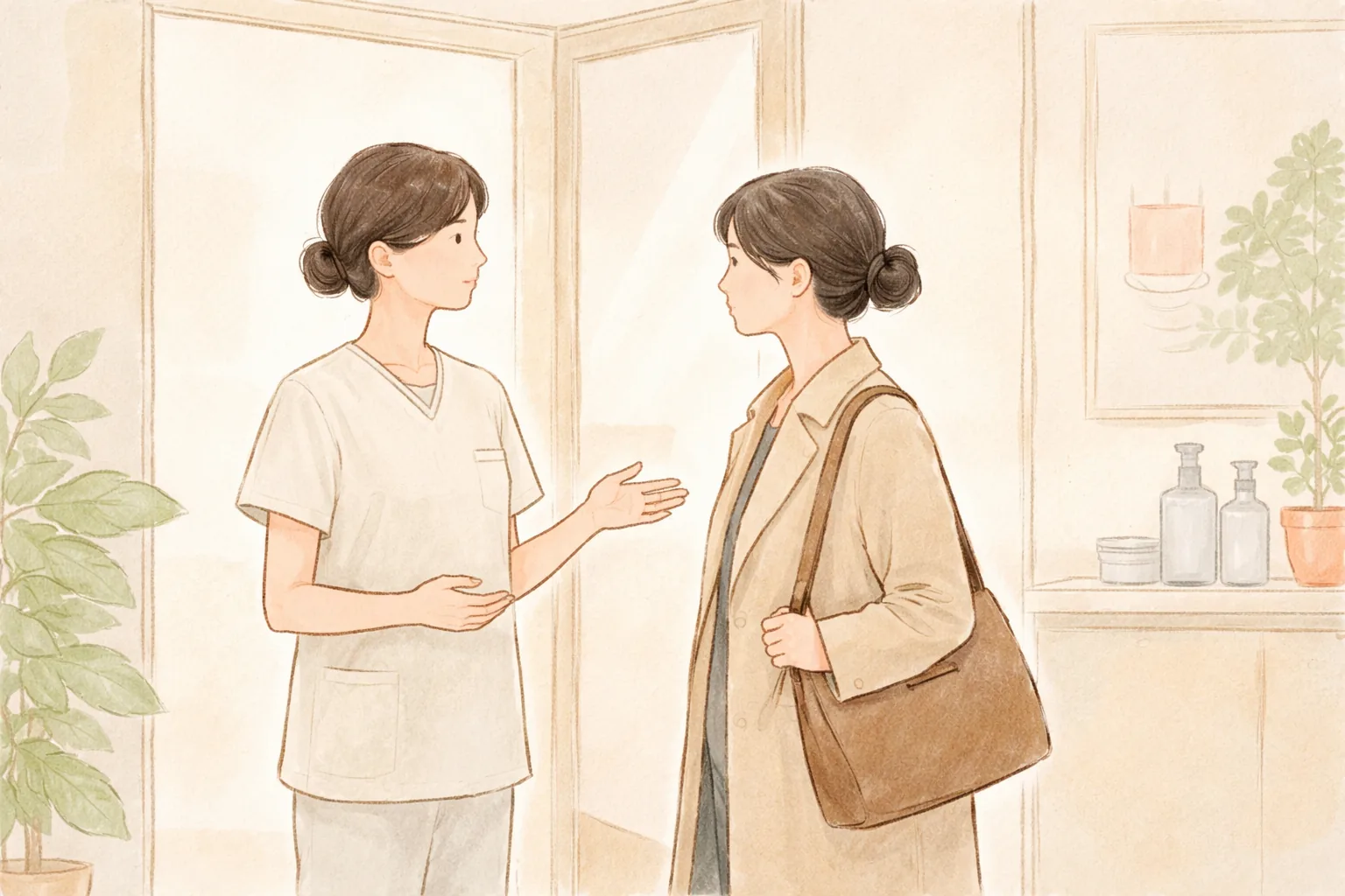 穿白大褂的医护人员向穿外套的女性说明下次到访
