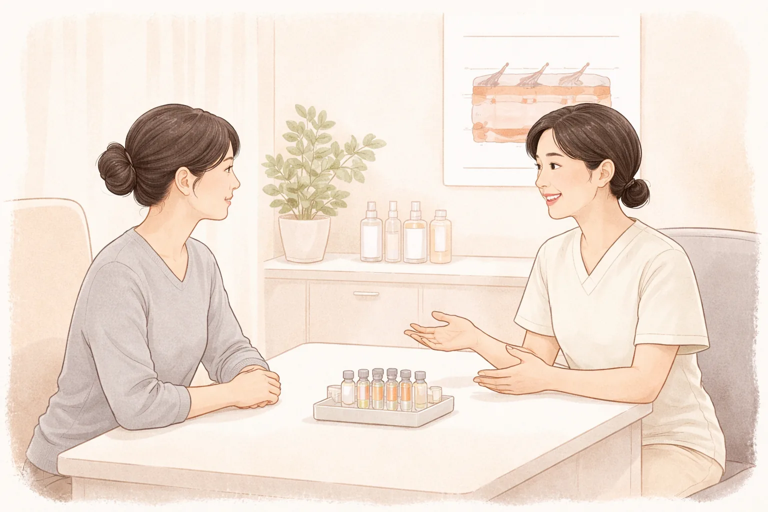 明るいカウンセリング室で向かい合って話す2人の女性と化粧品の瓶