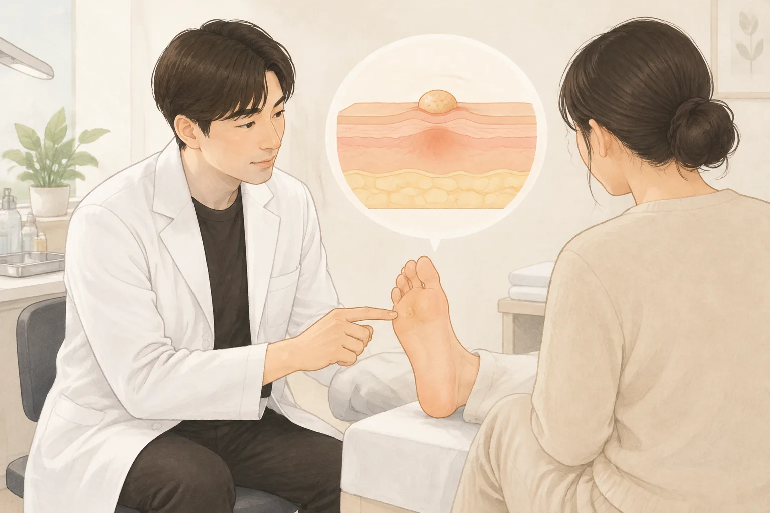 患者の足を指さしてカウンセリングする男性と、皮膚断面のいぼを示す拡大図