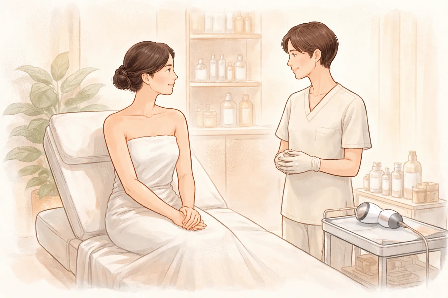 Woman with a white towel on a treatment bed facing a clinician in white