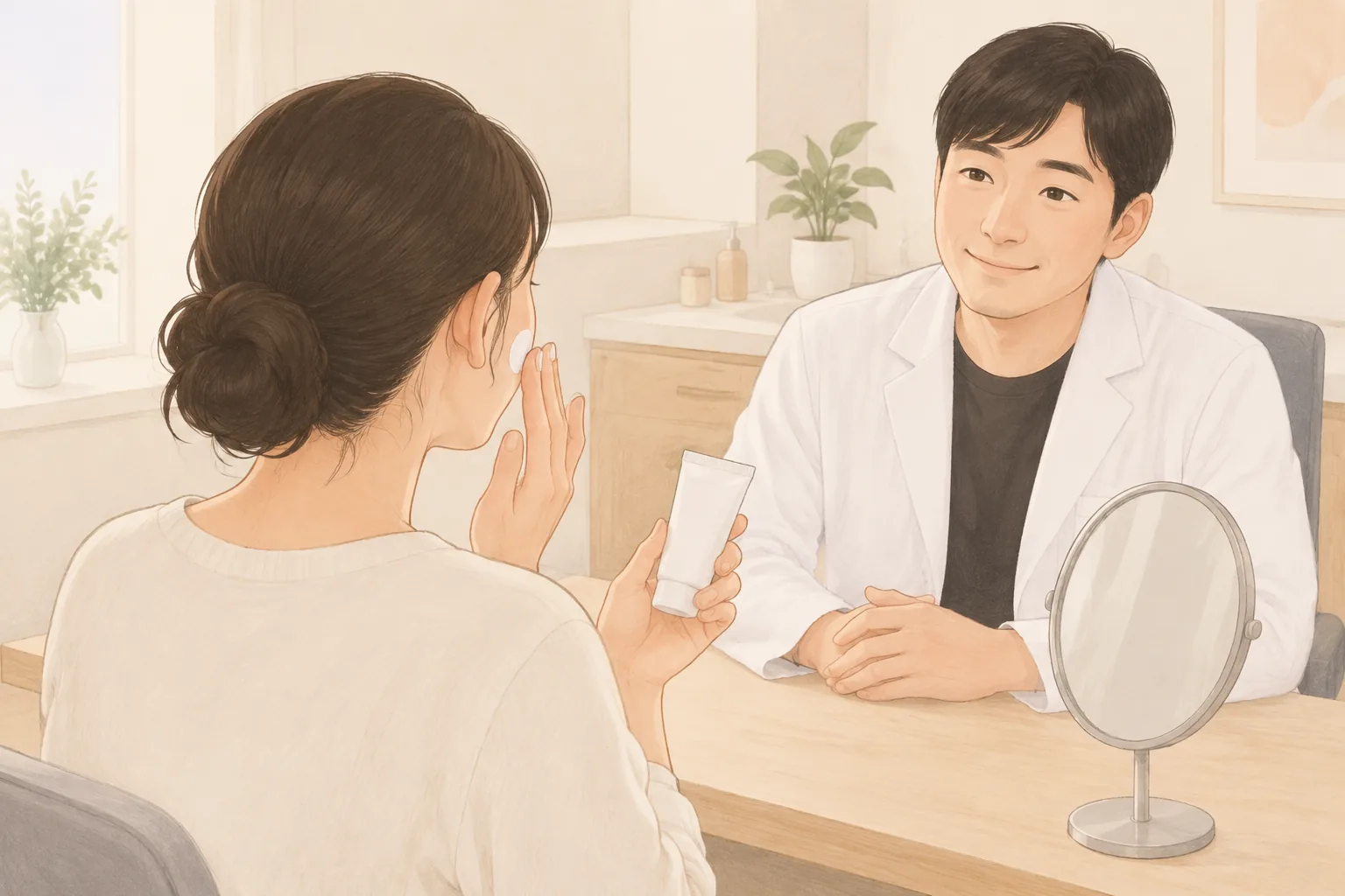 의사와 상담하는 여성 환자와 책상 위 거울