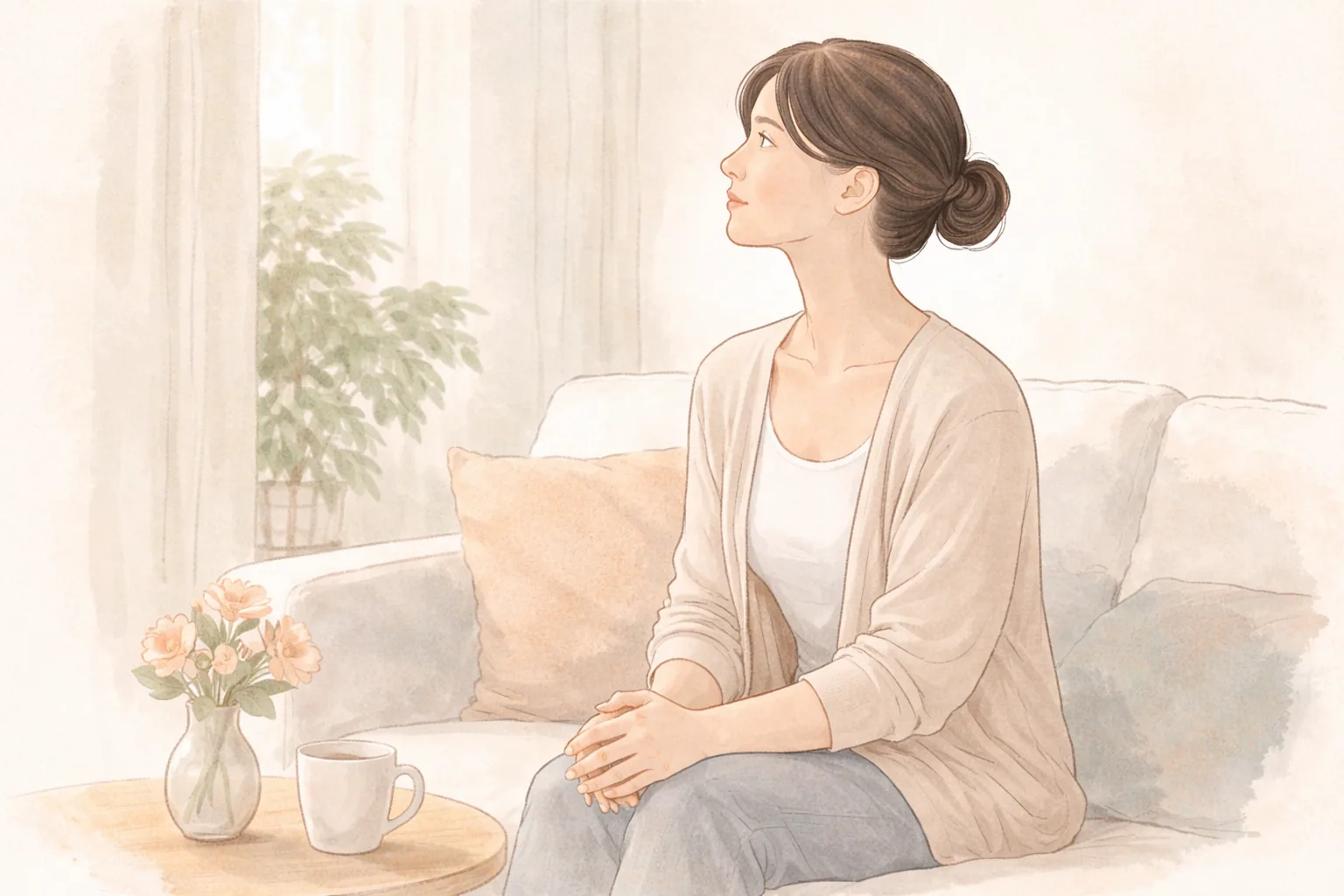 女性雙手放在膝上、抬起下巴坐在沙發上，桌上有花瓶與杯子