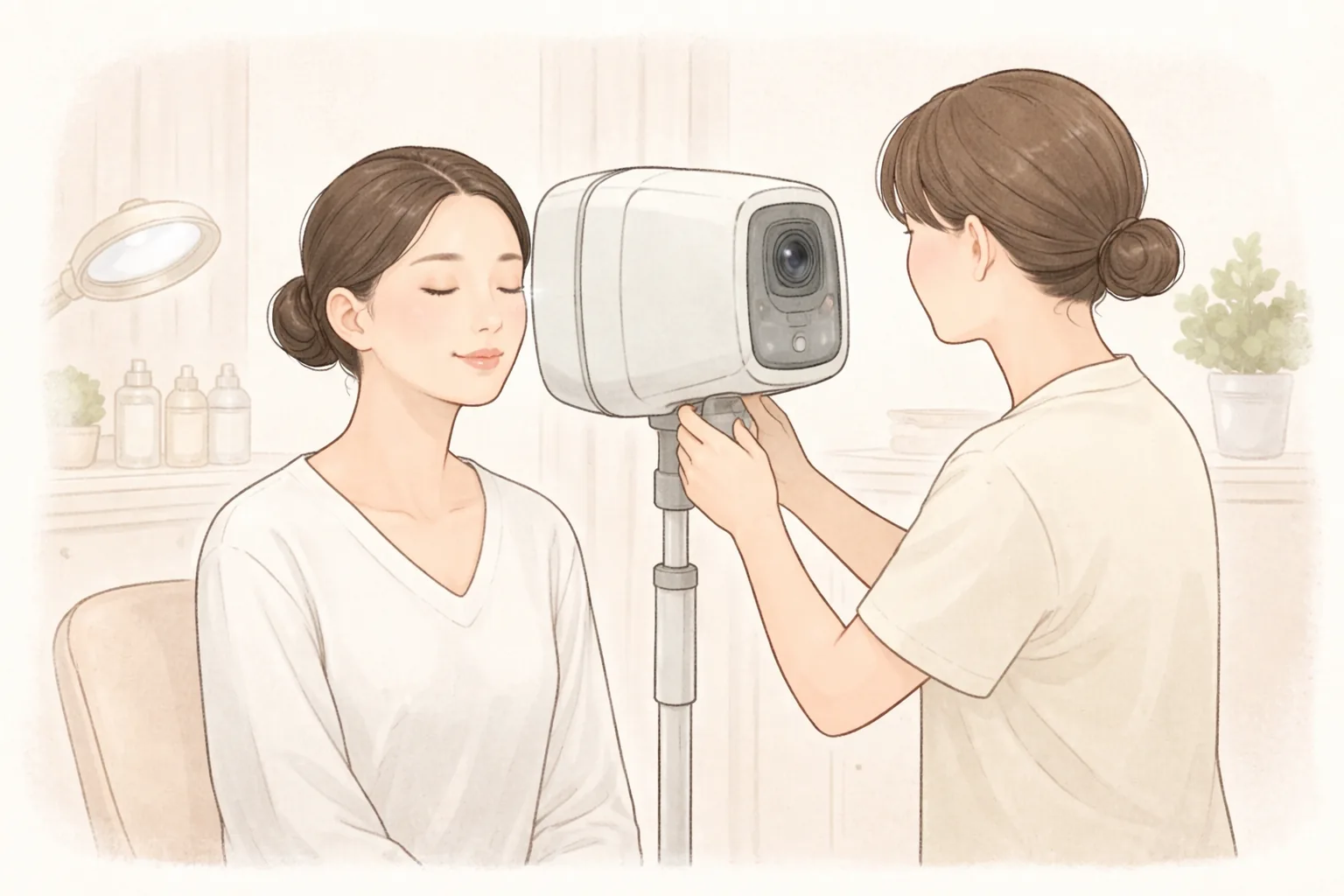 女性閉眼坐在膚質分析儀器前,醫療人員操作儀器