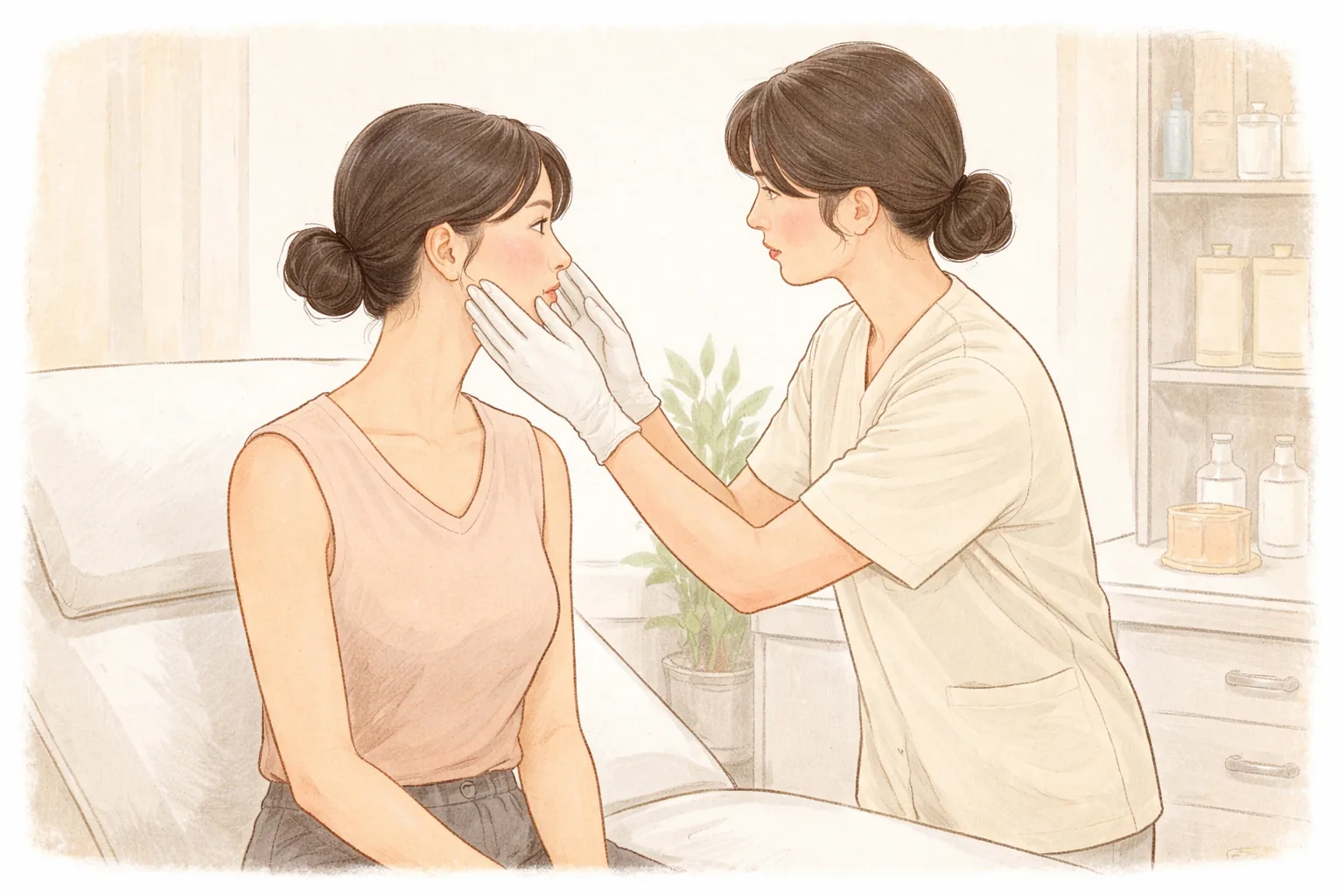 진료복을 입은 의료진이 환자의 볼을 살피는 모습
