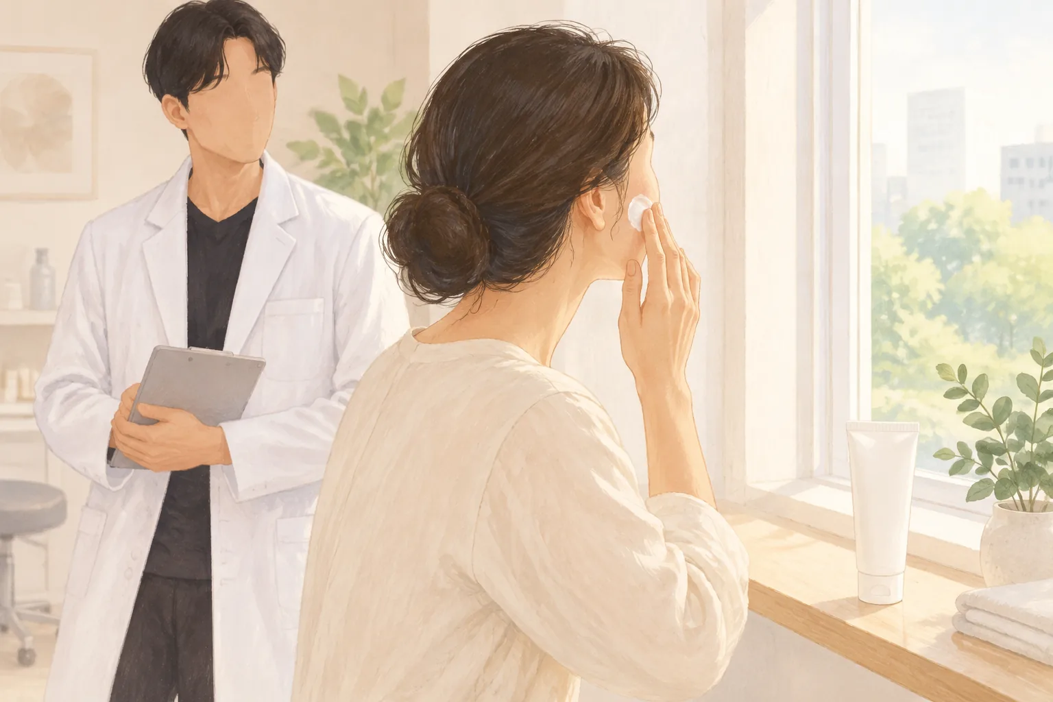 창가에서 거울을 보며 볼에 크림을 바르는 여성과 서 있는 남성