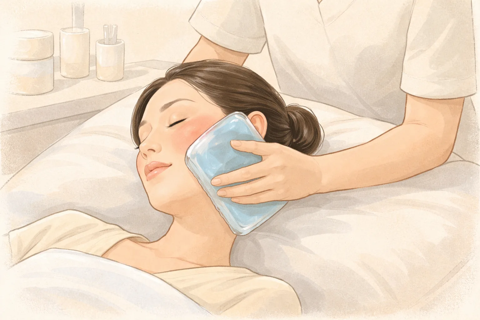 醫療人員將凝膠面膜敷在閉眼躺著女性的臉頰,周圍有院內用品