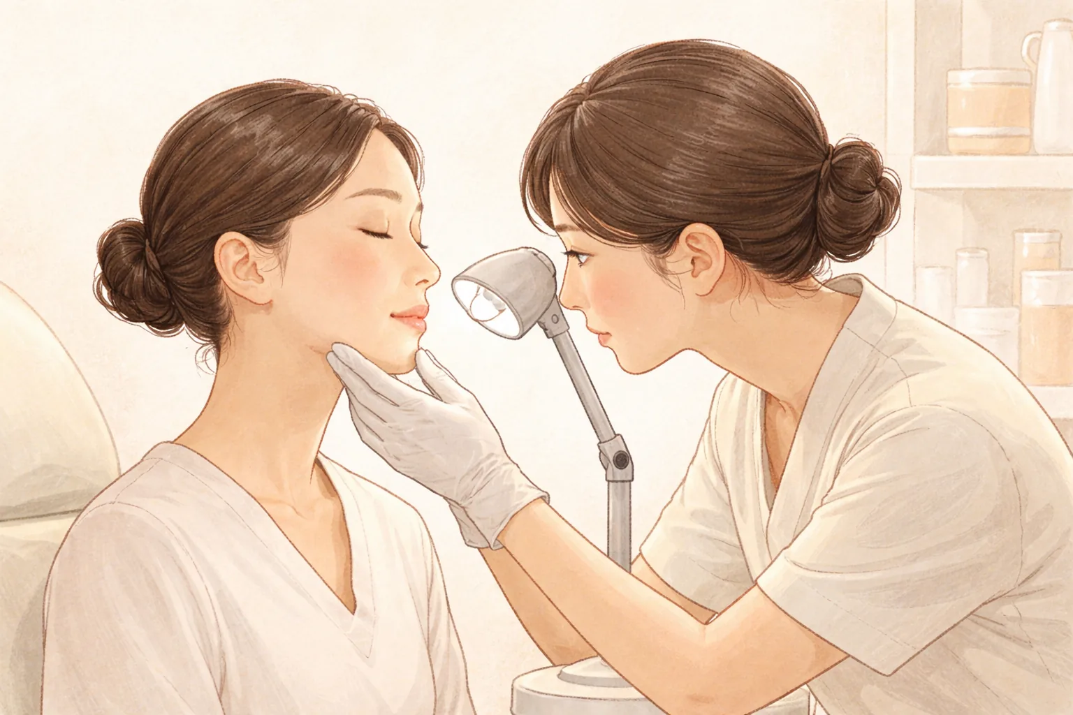 灯光下戴手套的医护人员查看女性面颊，患者在旁配合