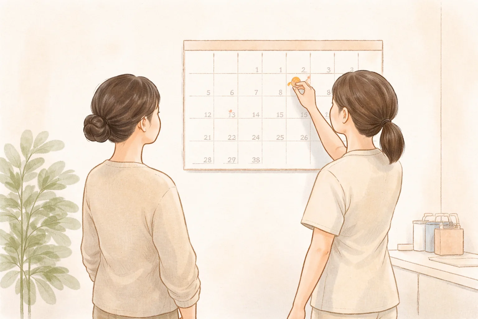 Dos mujeres pegando adhesivos redondos en un calendario, una con uniforme médico