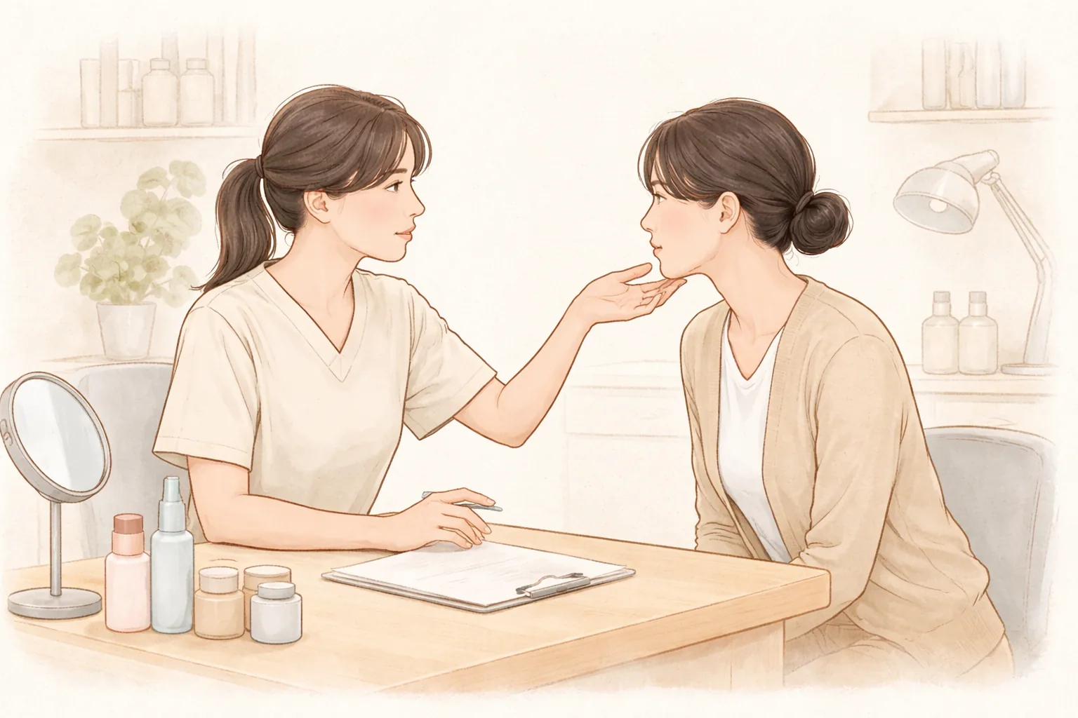 Médica examinando el rostro de una paciente en la consulta