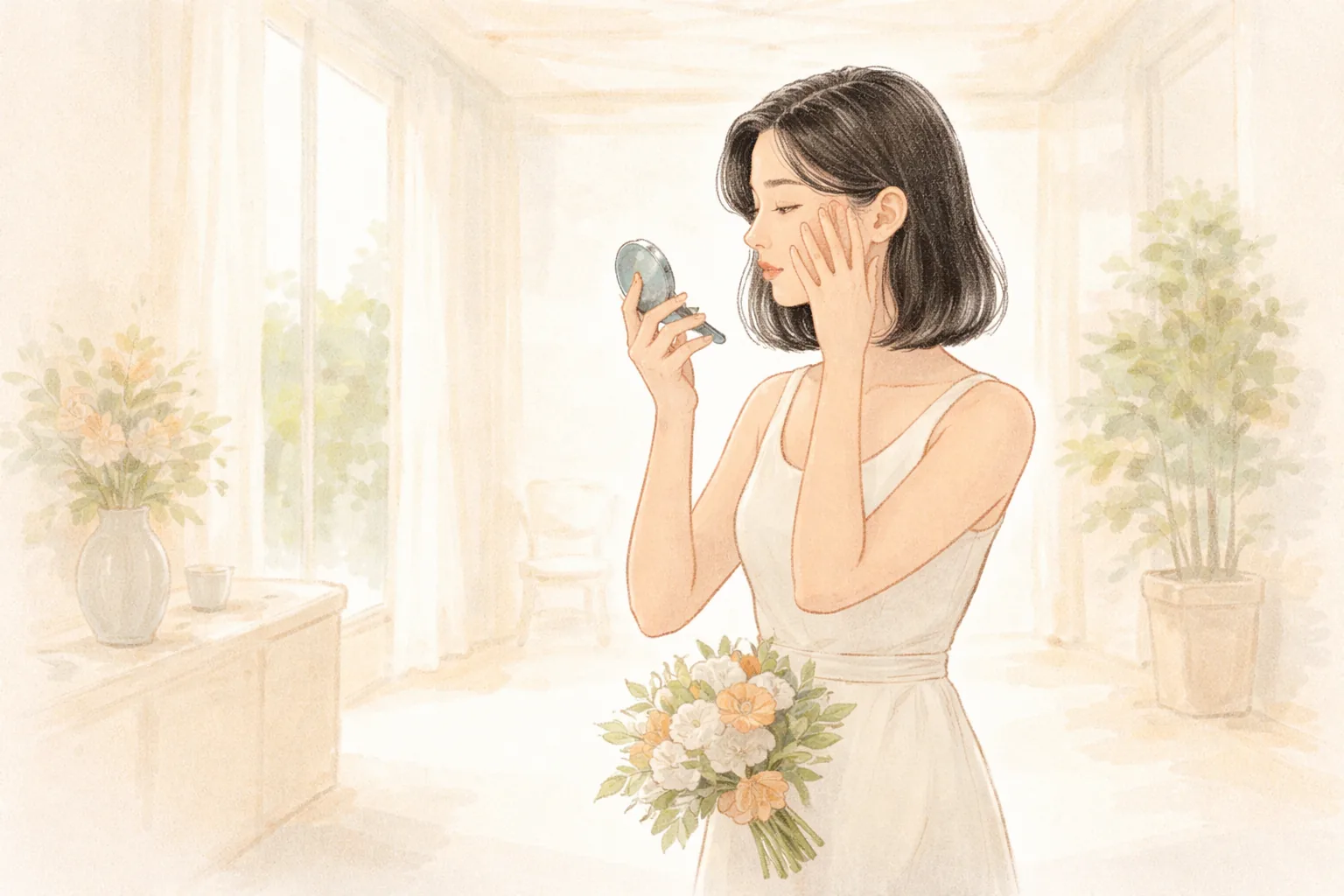 明るいホールで白いドレスを着た女性が小さな鏡で顔を見る様子