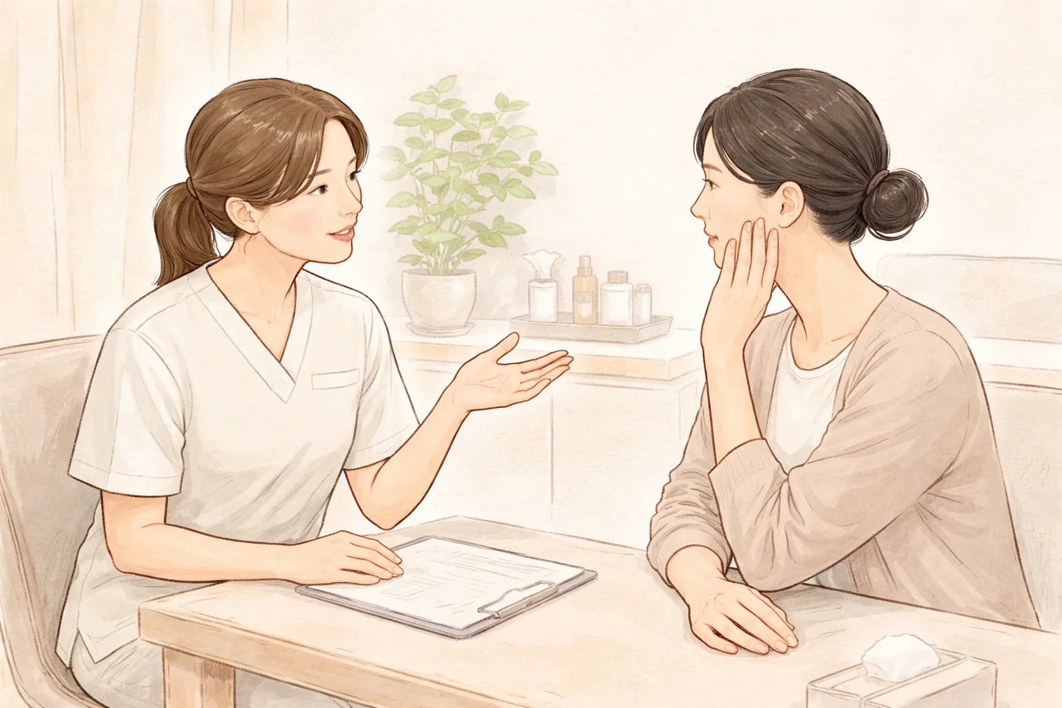 診間裡醫療人員向女性說明恢復注意事項