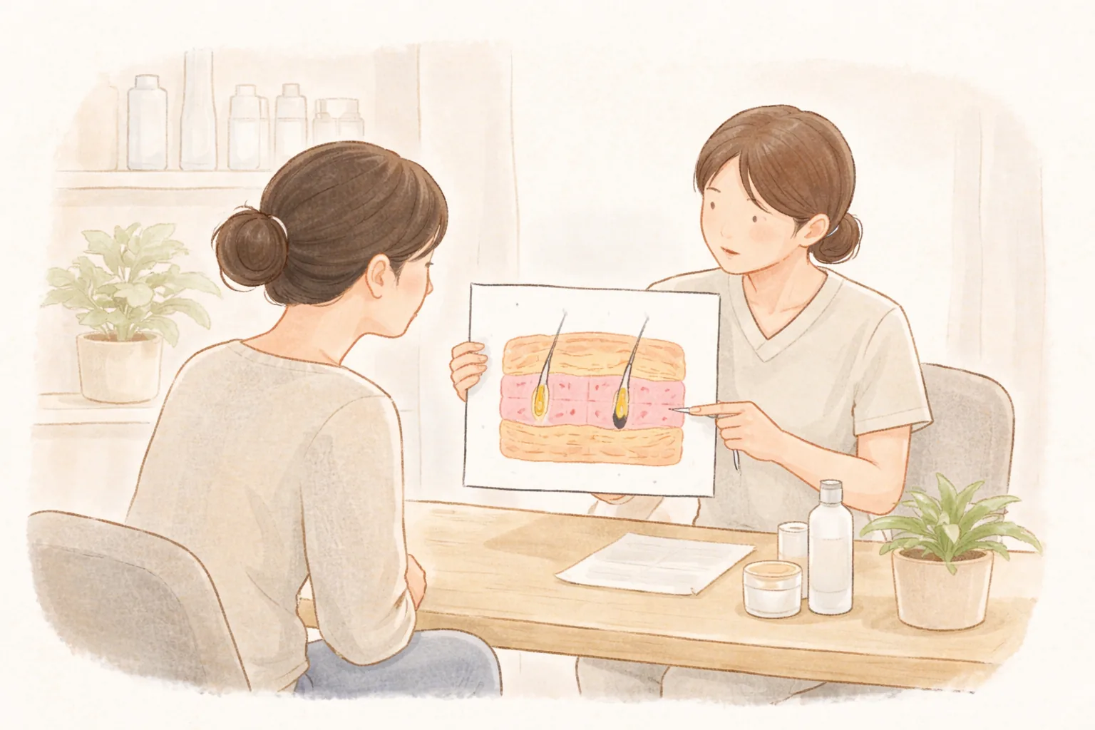 상담 테이블에서 피부 단면 그림을 가리키며 설명하는 의료진과 환자
