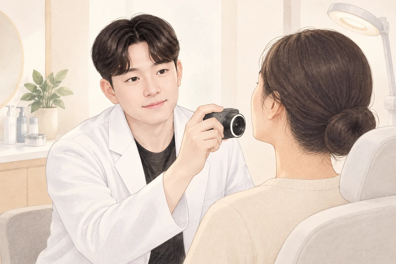 의사가 소형 카메라로 턱선을 촬영하는 장면