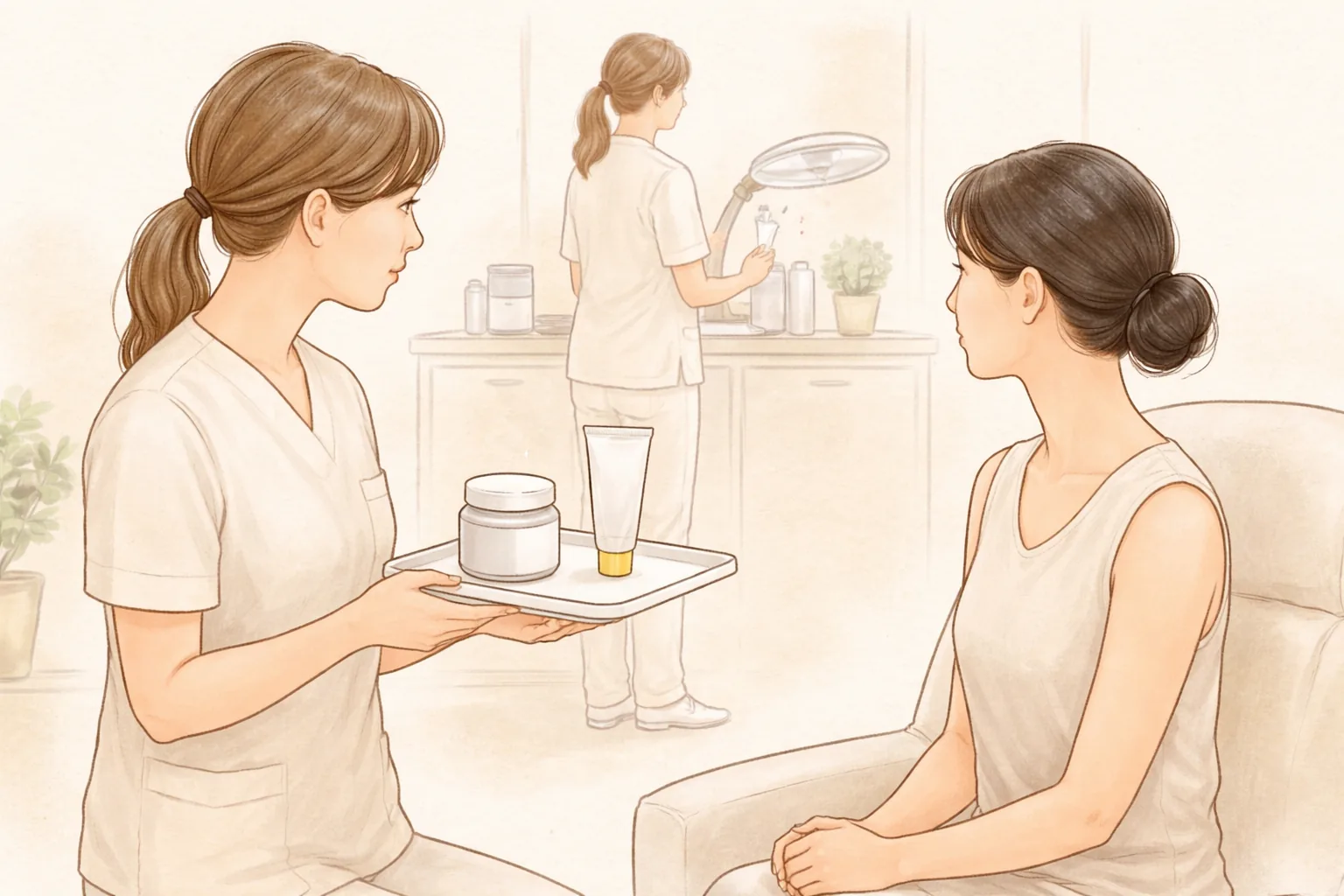 保湿剤と紫外線対策のトレーを持って女性に説明する医療スタッフと座っている女性