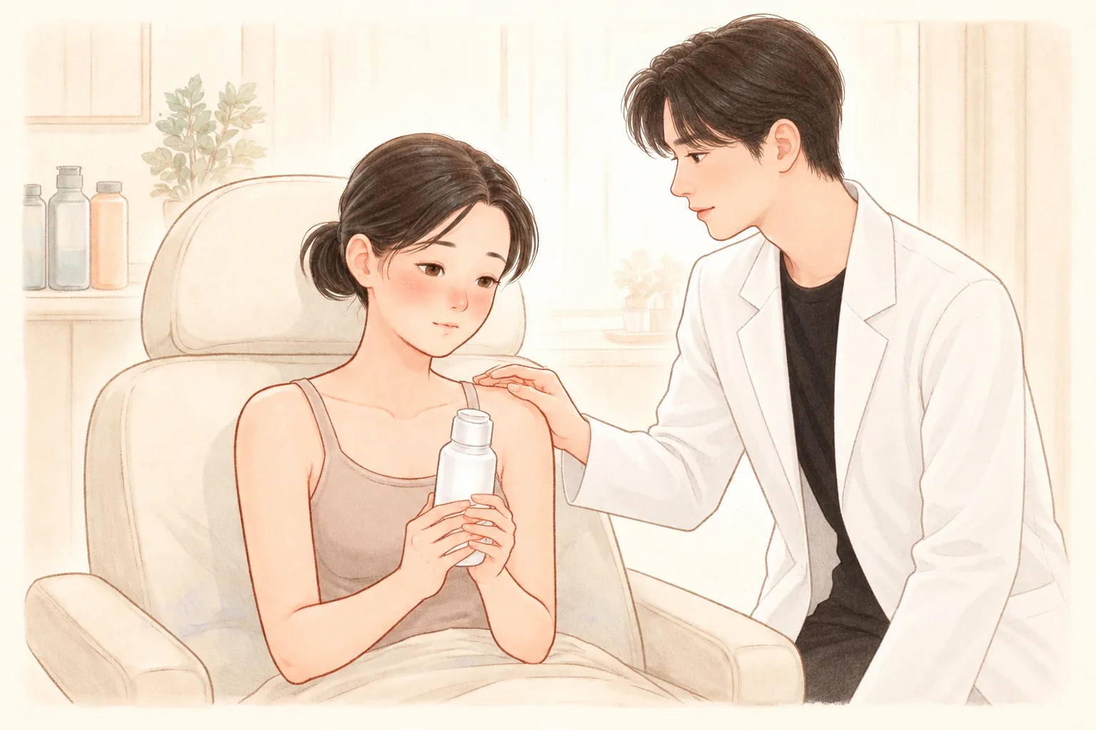 붉은 볼을 가진 여성이 앉아 크림 병을 들고 있고 남성이 어깨에 손을 올리고 있음