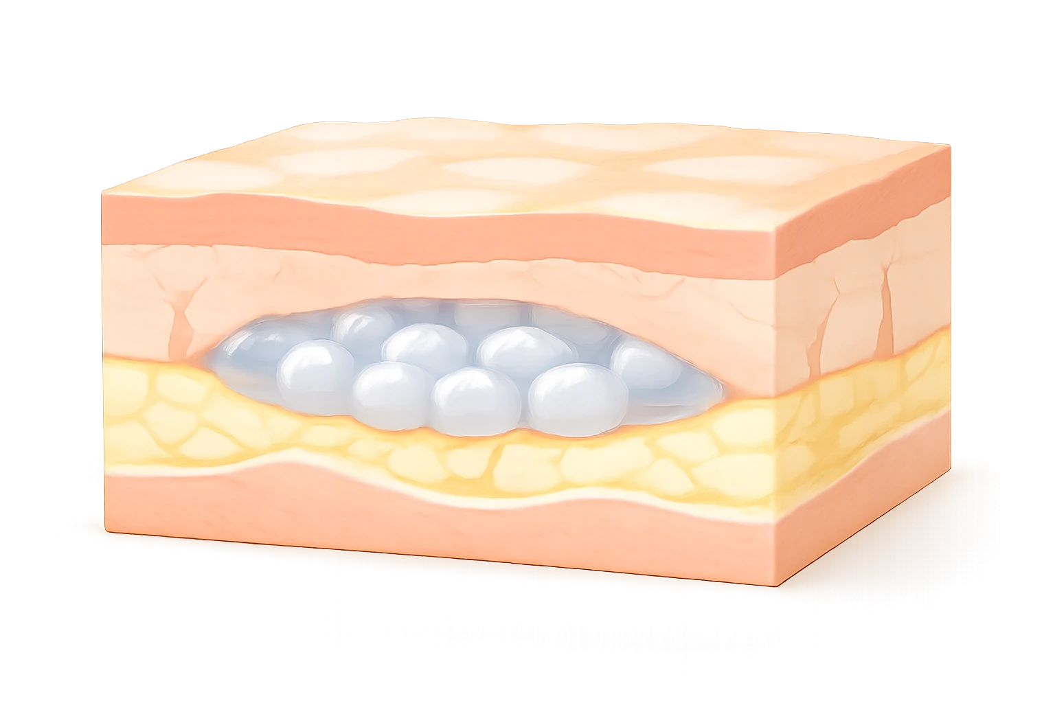 Cross-section of skin with gel-like material in a mid-deep layer