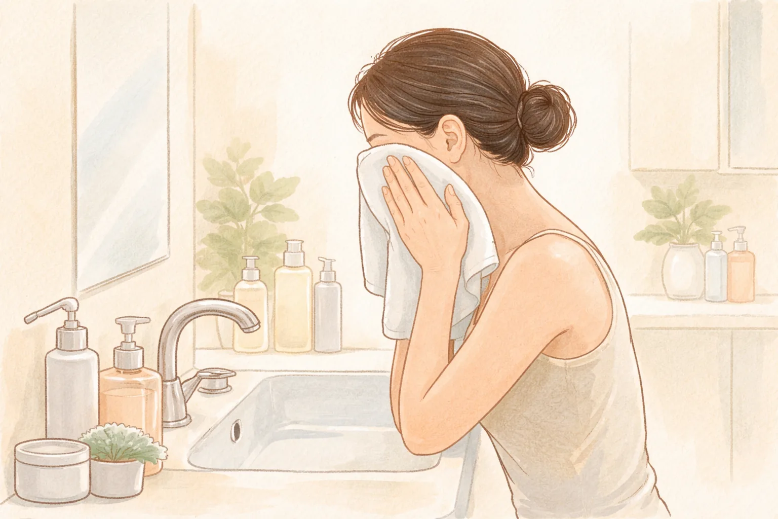 Mujer secándose el rostro con una toalla junto al lavabo con envases encima