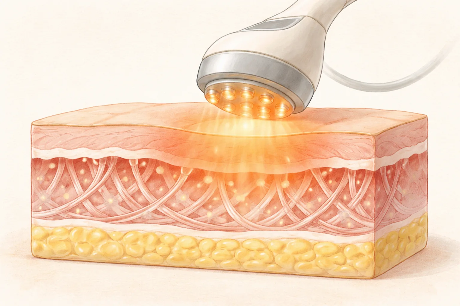 A medical device emitting heat shown over a cross-section of skin
