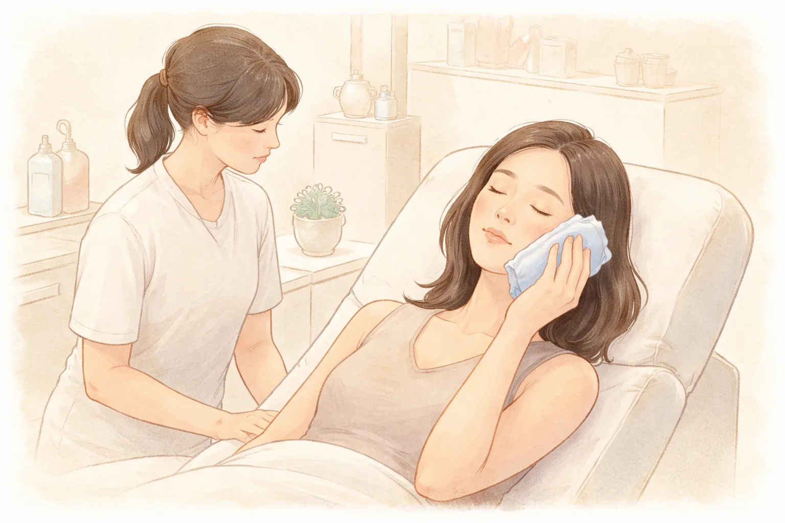 시술대에 누워 천으로 감싼 냉찜질 팩을 볼에 대고 있는 여성과 옆에 서 있는 여성