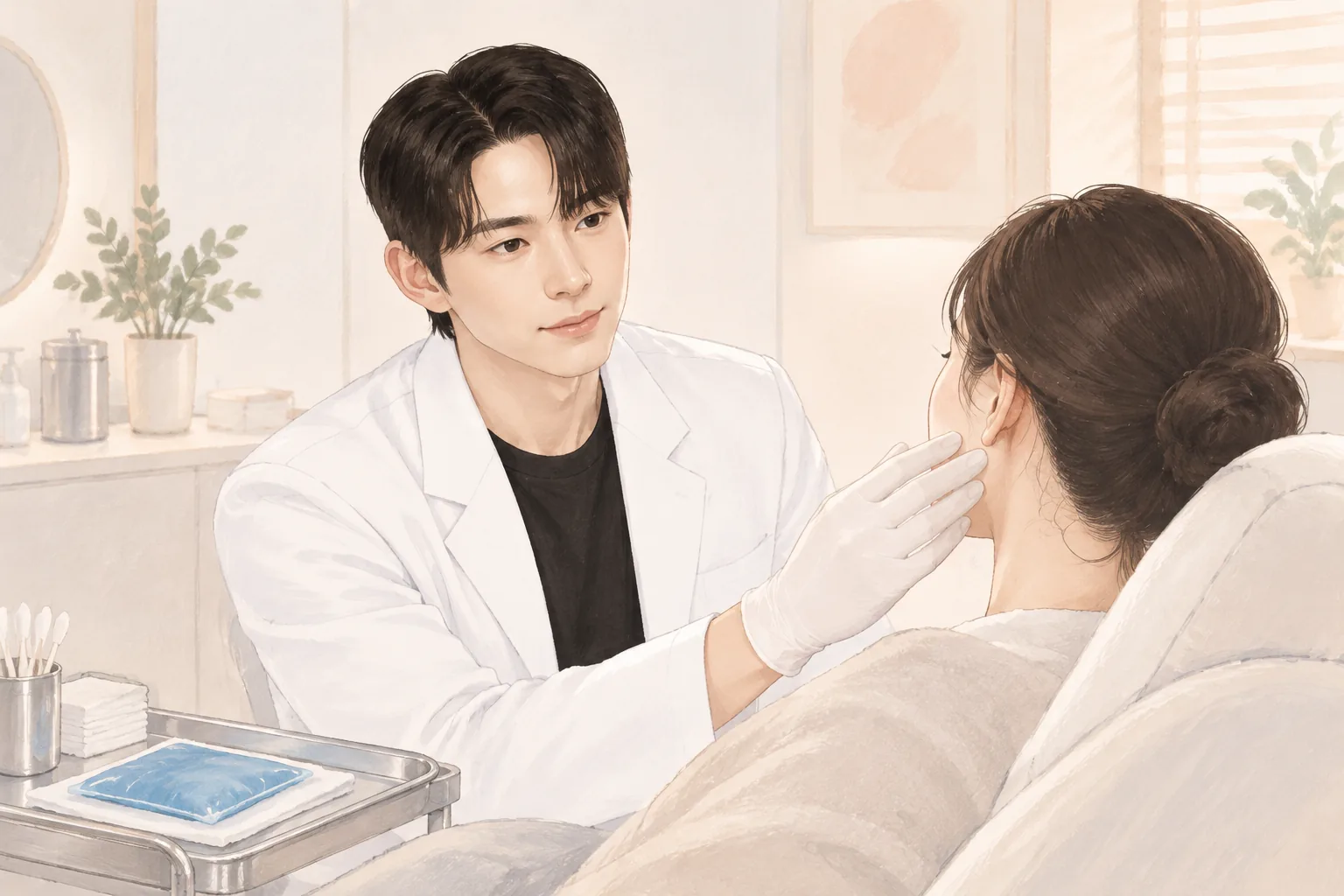 진료실에서 여성 환자의 볼을 장갑 낀 손으로 살피는 남성 원장과 옆에 놓인 냉찜질팩