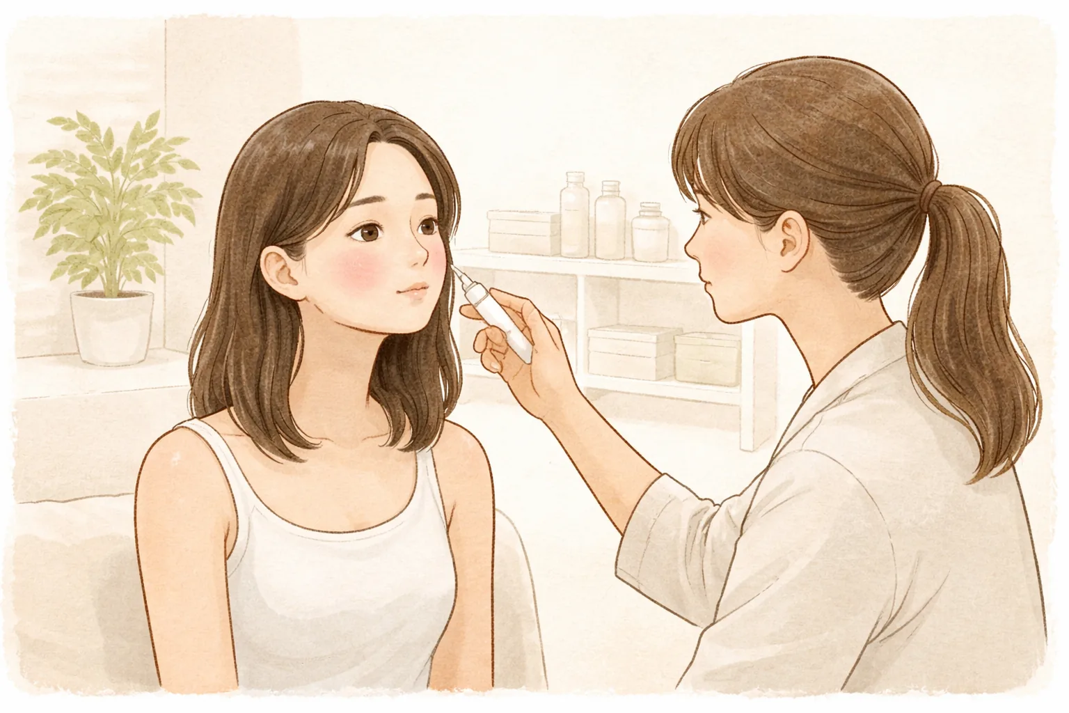 医护人员查看泛红的脸颊,女性坐着配合
