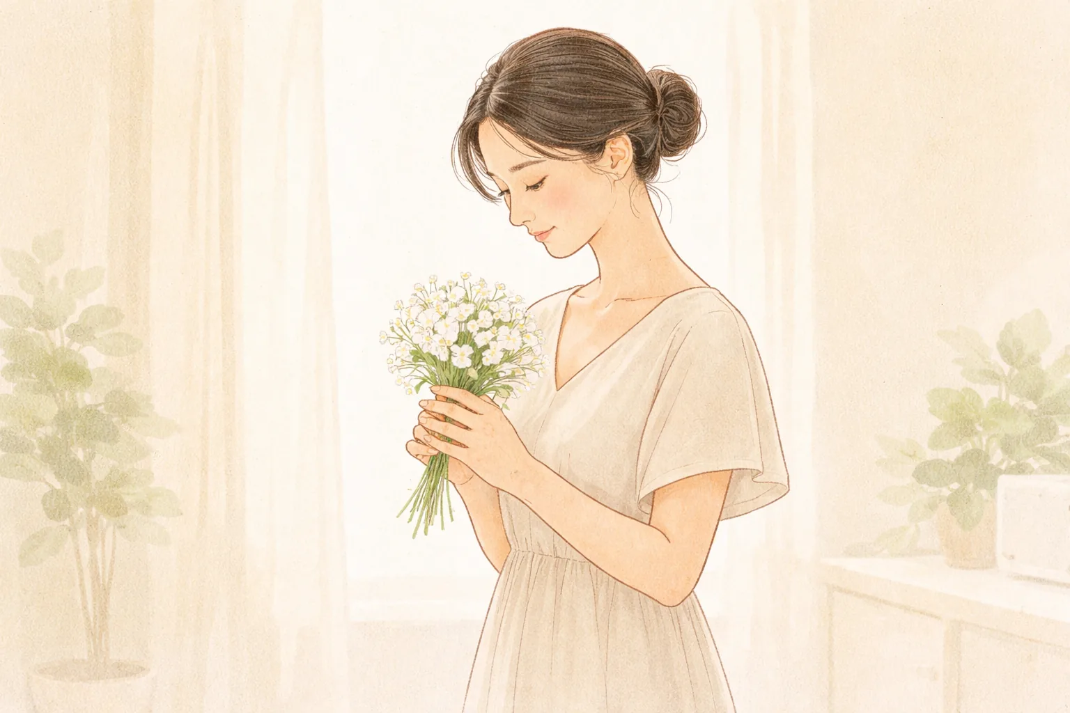 明るい部屋で白い花束を持っている髪をまとめた女性
