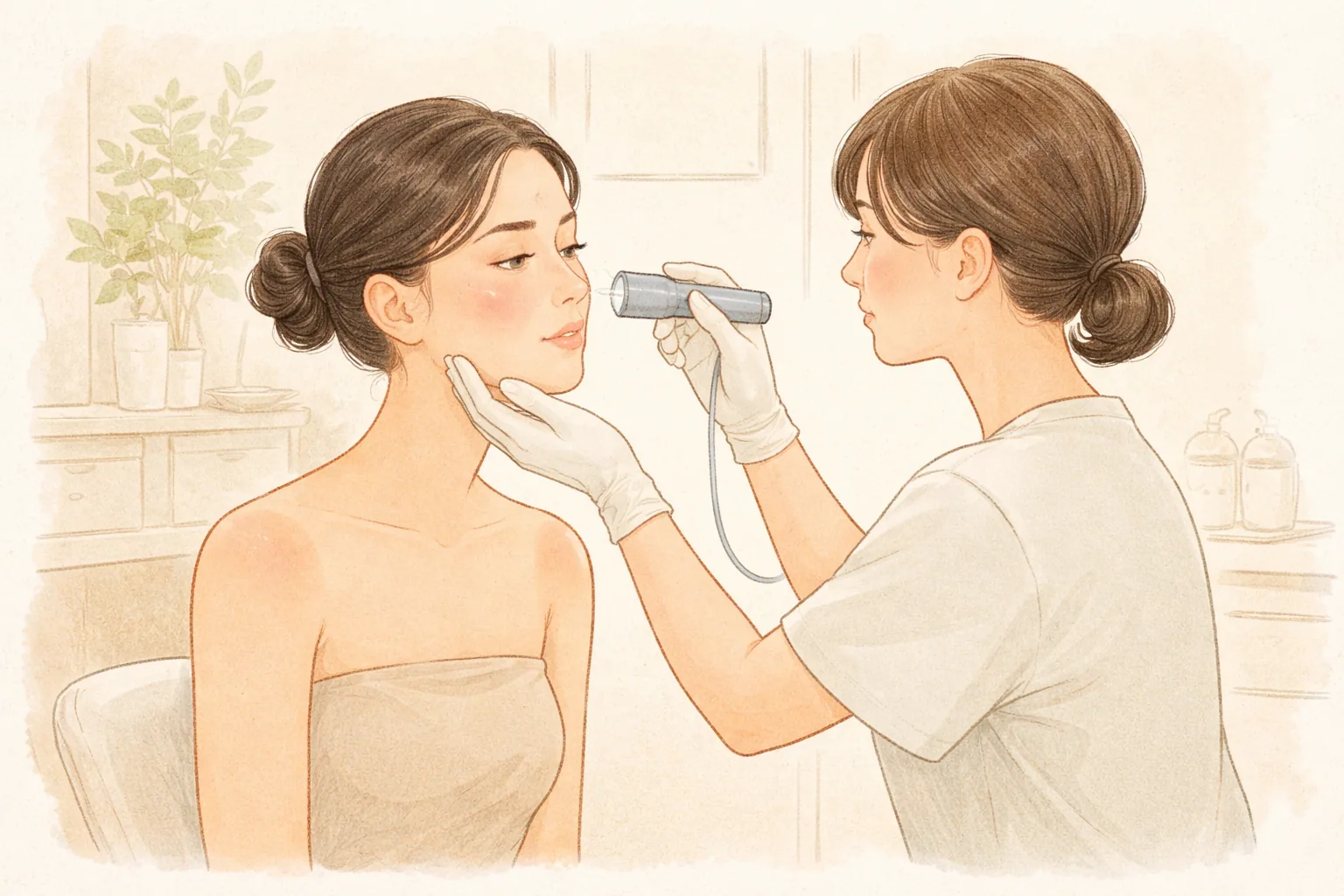 医护人员用小灯查看女性脸颊