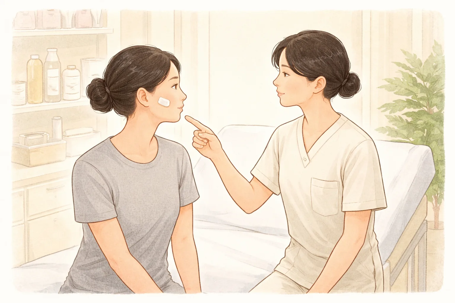 진료실에서 의료진이 볼에 반창고 붙인 여성에게 설명하는 모습