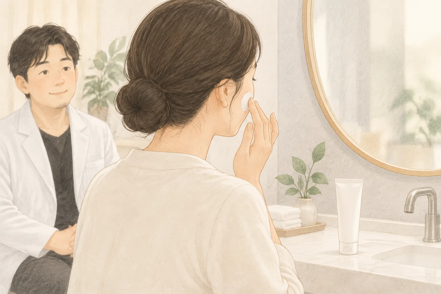 거울 앞에서 손끝으로 볼에 보습제를 바르는 여성과 뒤에 앉아있는 남성