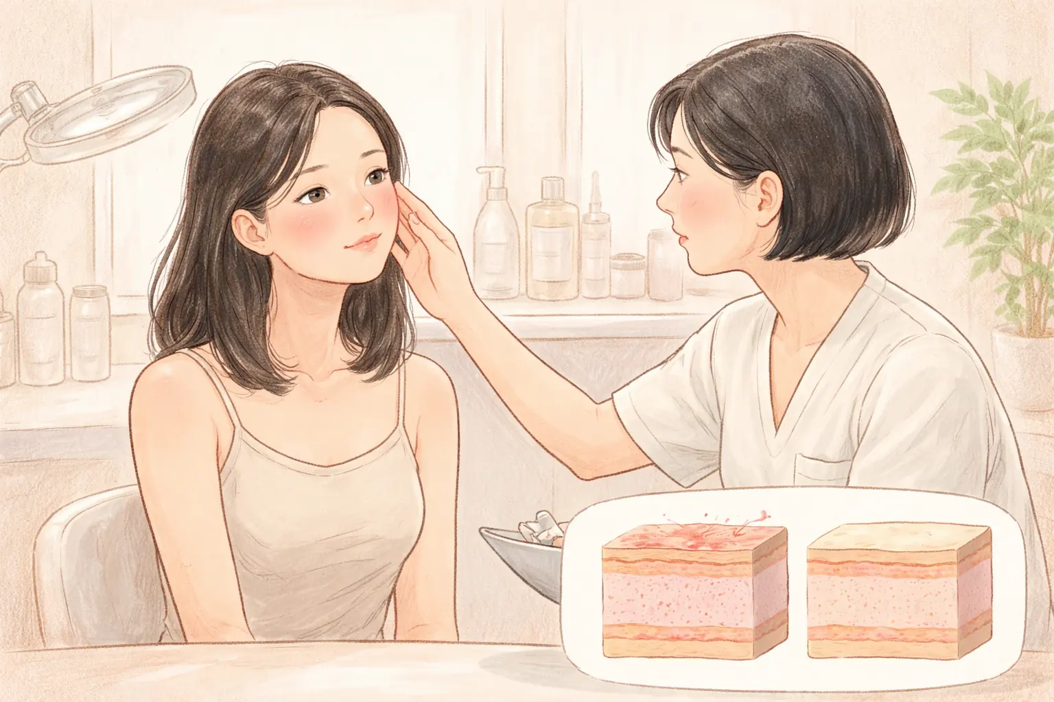 의료진이 붉어진 볼 피부를 검사하는 여성과 피부 단면 그림