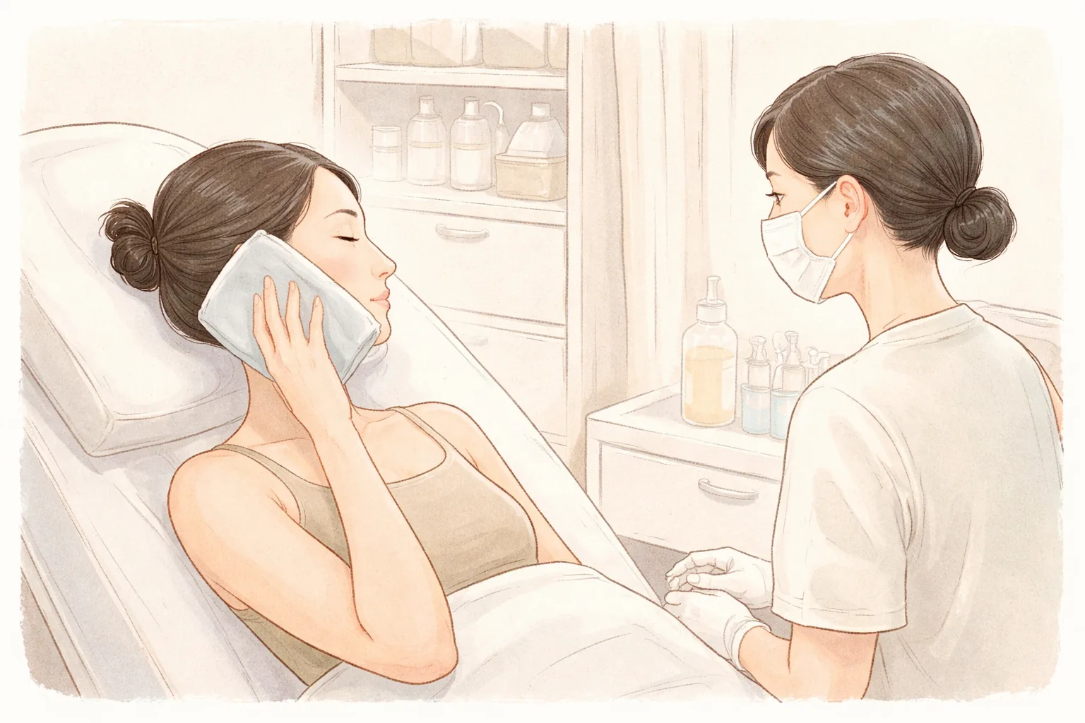 마스크를 쓴 여성과 누운 여성이 천으로 감싼 냉찜질팩을 볼에 대고 있음