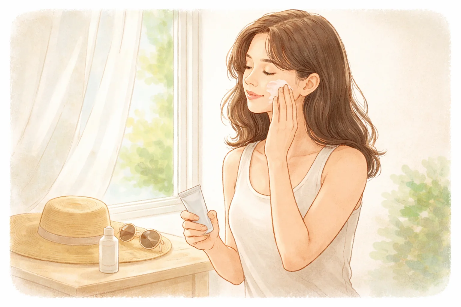 女性在窗邊以兩指將乳霜塗抹於臉頰