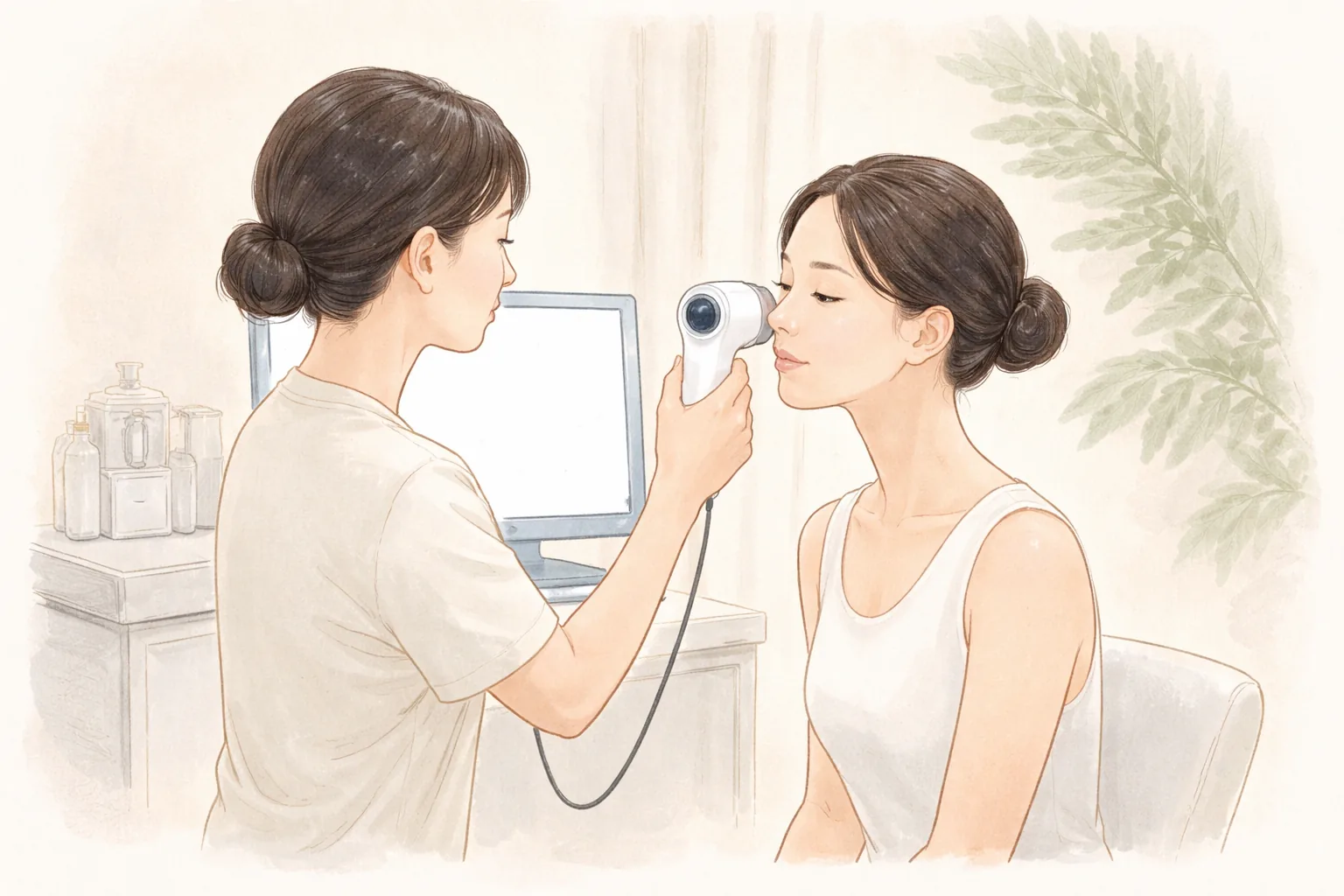 의료진이 피부 분석 카메라로 여성의 볼을 촬영하는 모습
