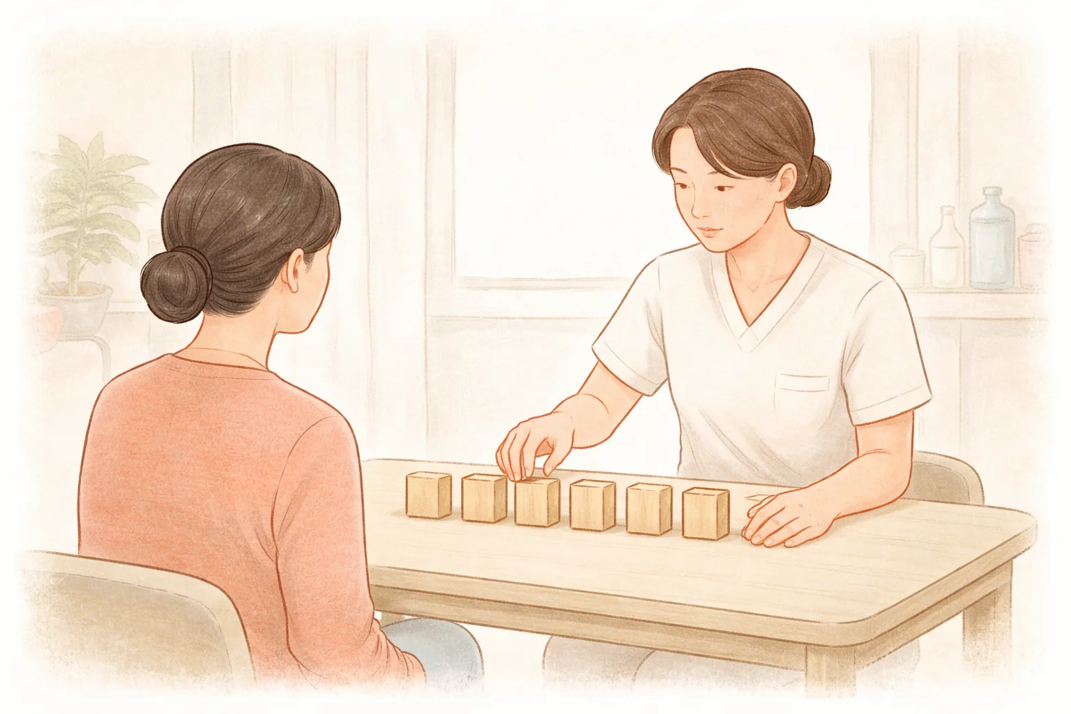 医療スタッフがテーブルで木のブロックを一定間隔に置きながら女性と会話する様子