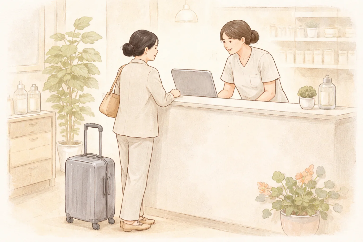拉著行李箱在院所櫃檯與接待人員交談的女性