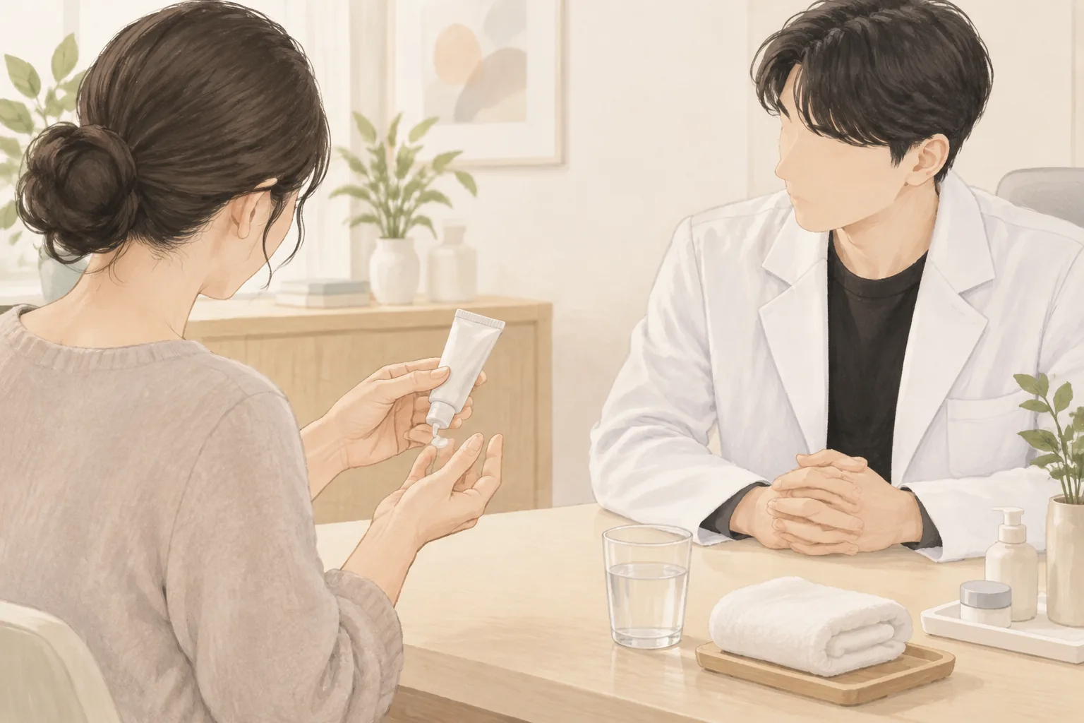 한 여성 환자가 손끝에 보습제를 덜어 바르고 있으며 남성 의사가 상담하는 모습