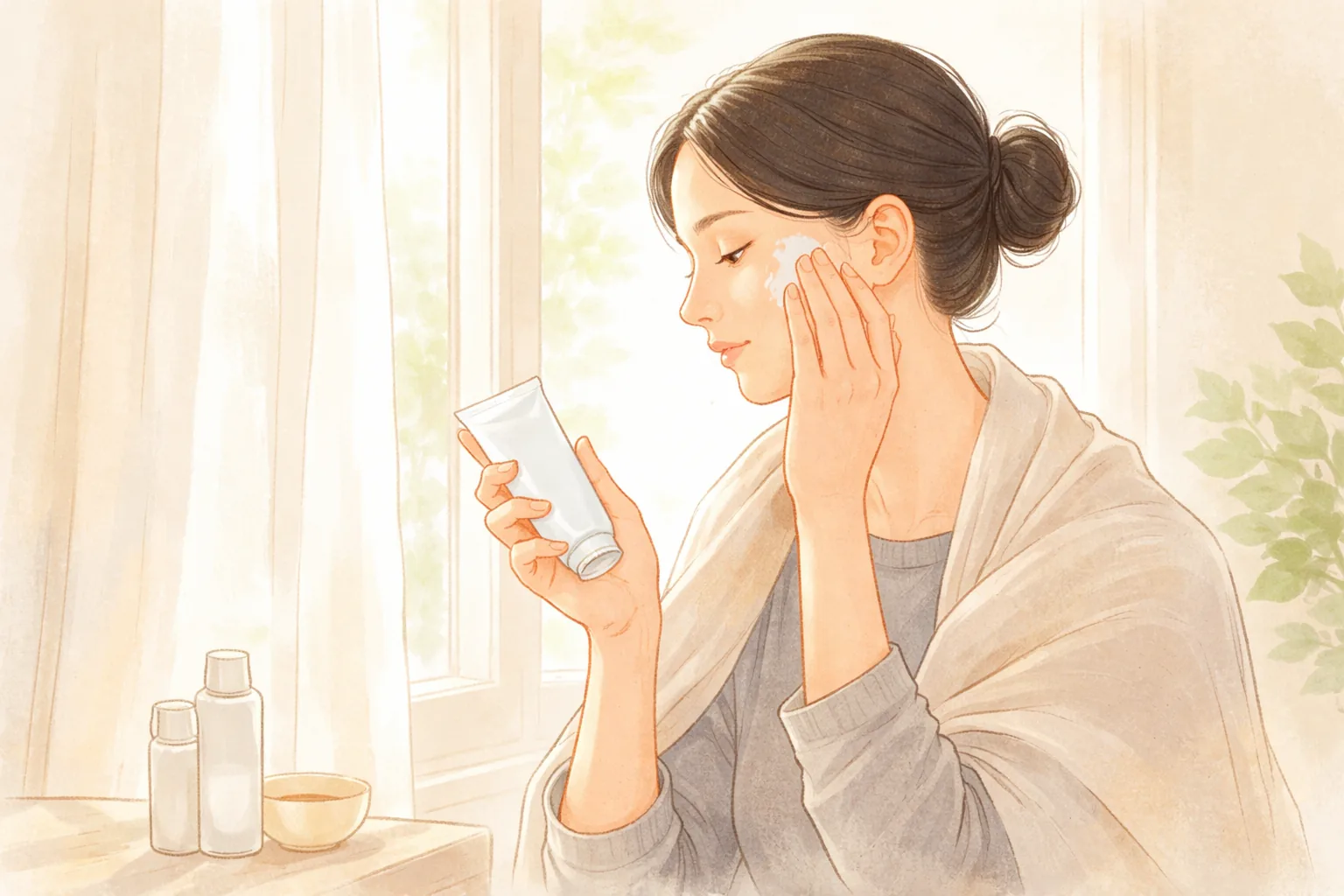 窓辺で顔にクリームを塗る若い女性