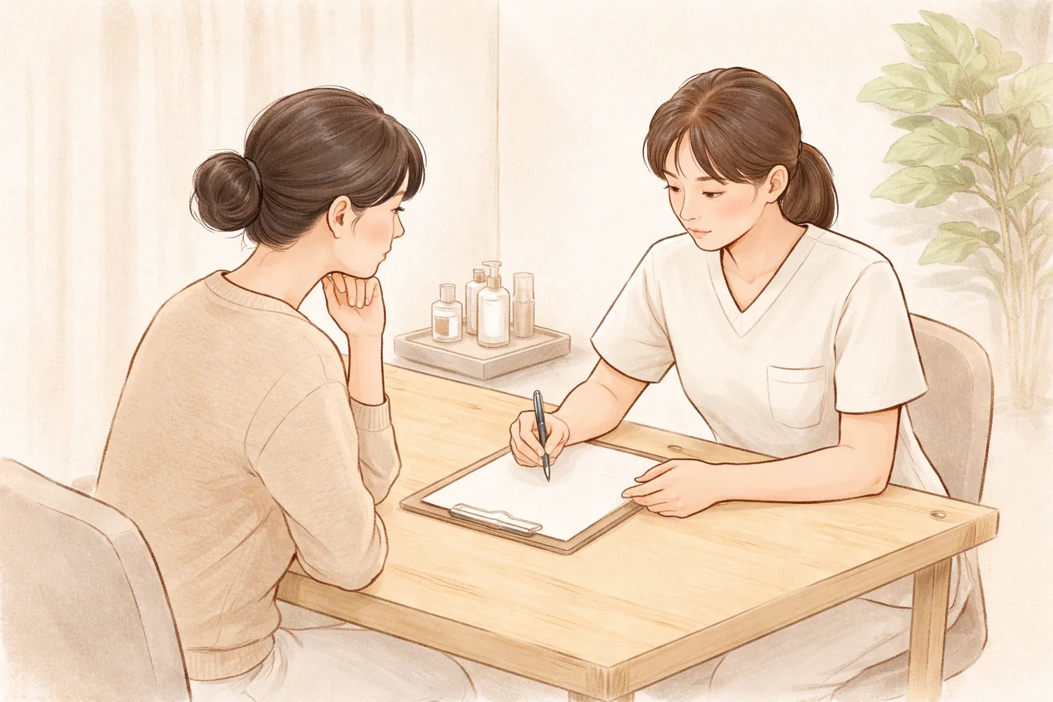 Female patient and clinician sitting across a table reviewing documents